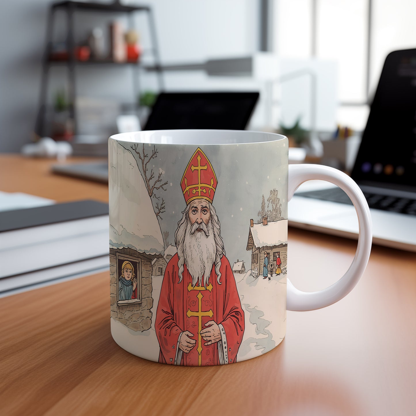 Hrnek s motivem Mikuláše – zimní klidná krajina