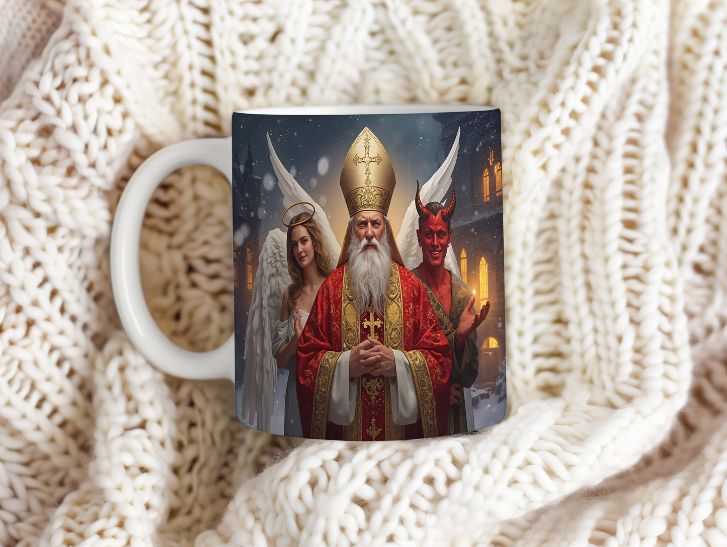 Hrnek s motivem Mikuláše, čerta a anděla – zimní pohádková noc
