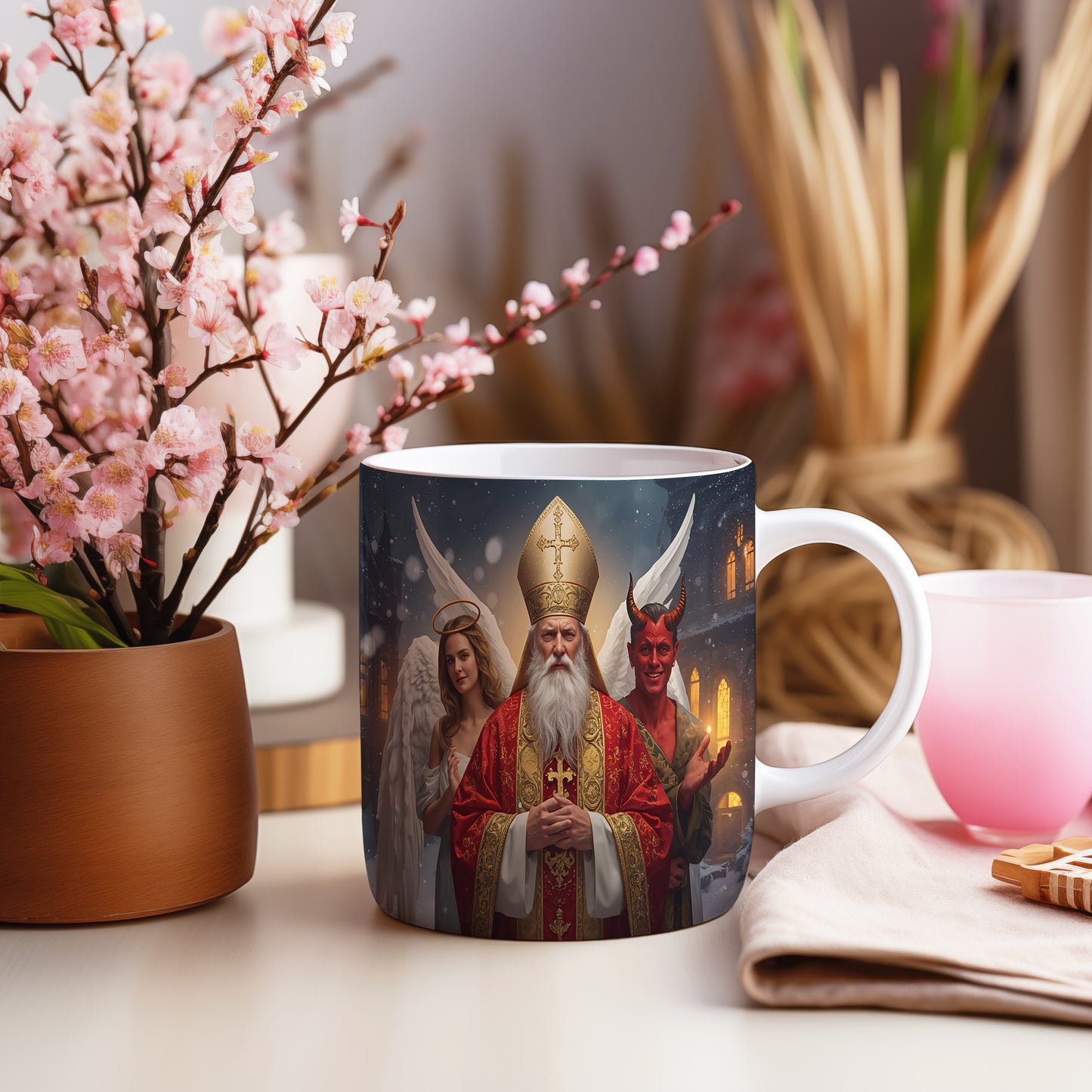 Hrnek s motivem Mikuláše, čerta a anděla – zimní pohádková noc