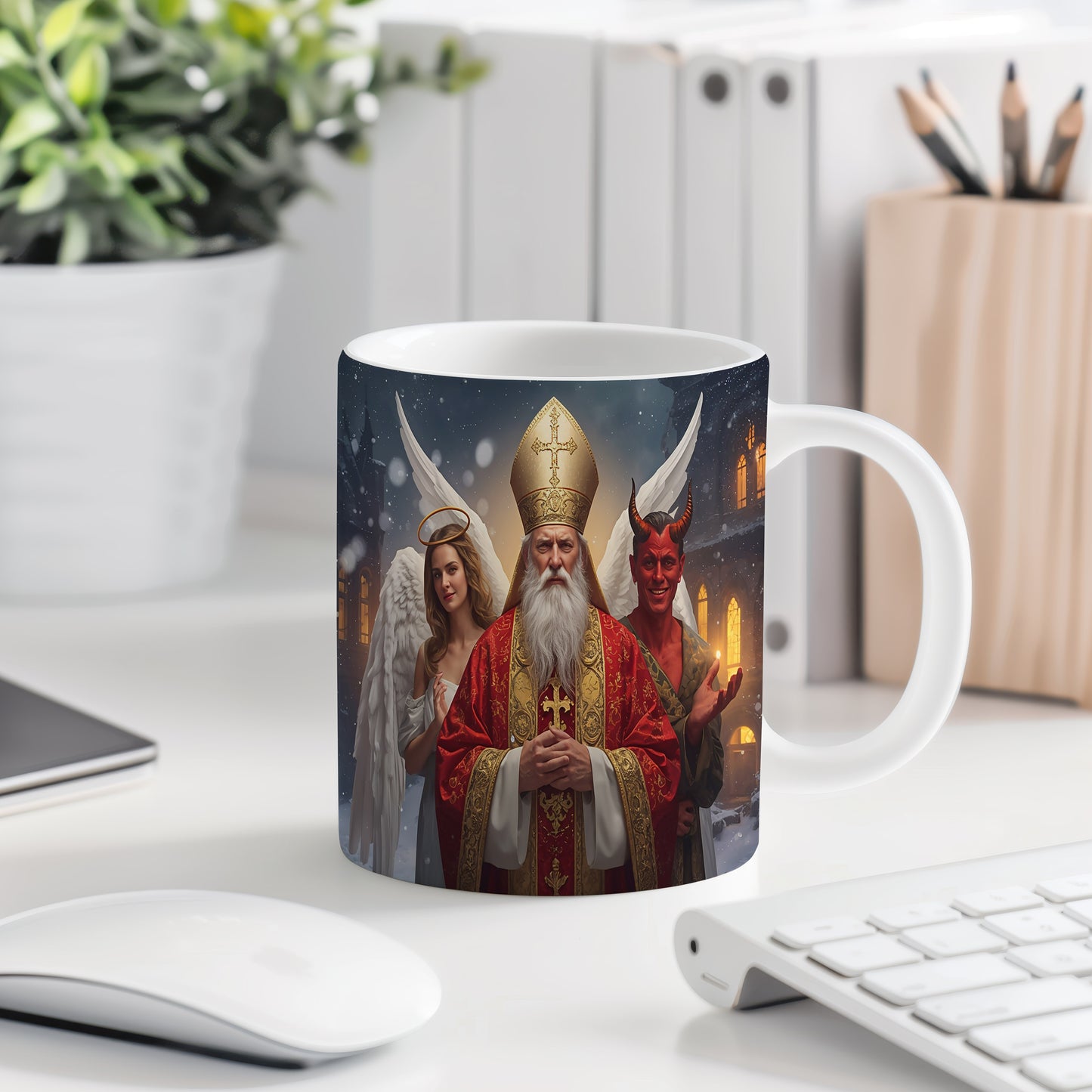 Hrnek s motivem Mikuláše, čerta a anděla – zimní pohádková noc