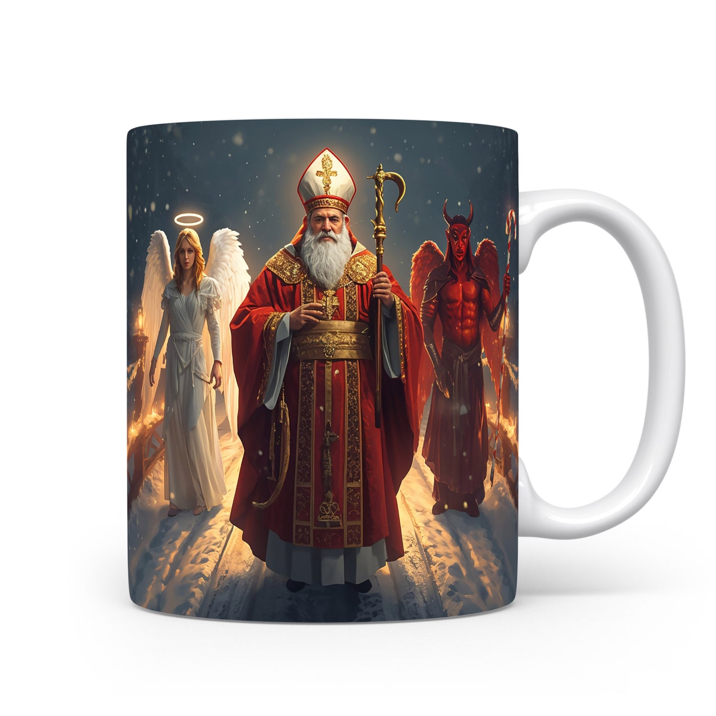 Mikuláš, čert a anděl na zasněžené cestě pod hvězdnou oblohou