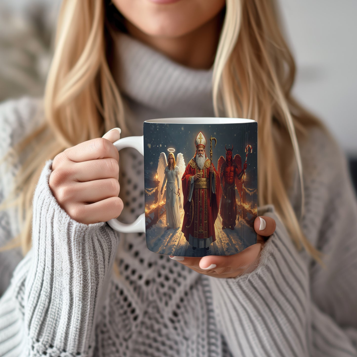 Hrnek s motivem Mikuláše, čerta a anděla – zimní hvězdná cesta