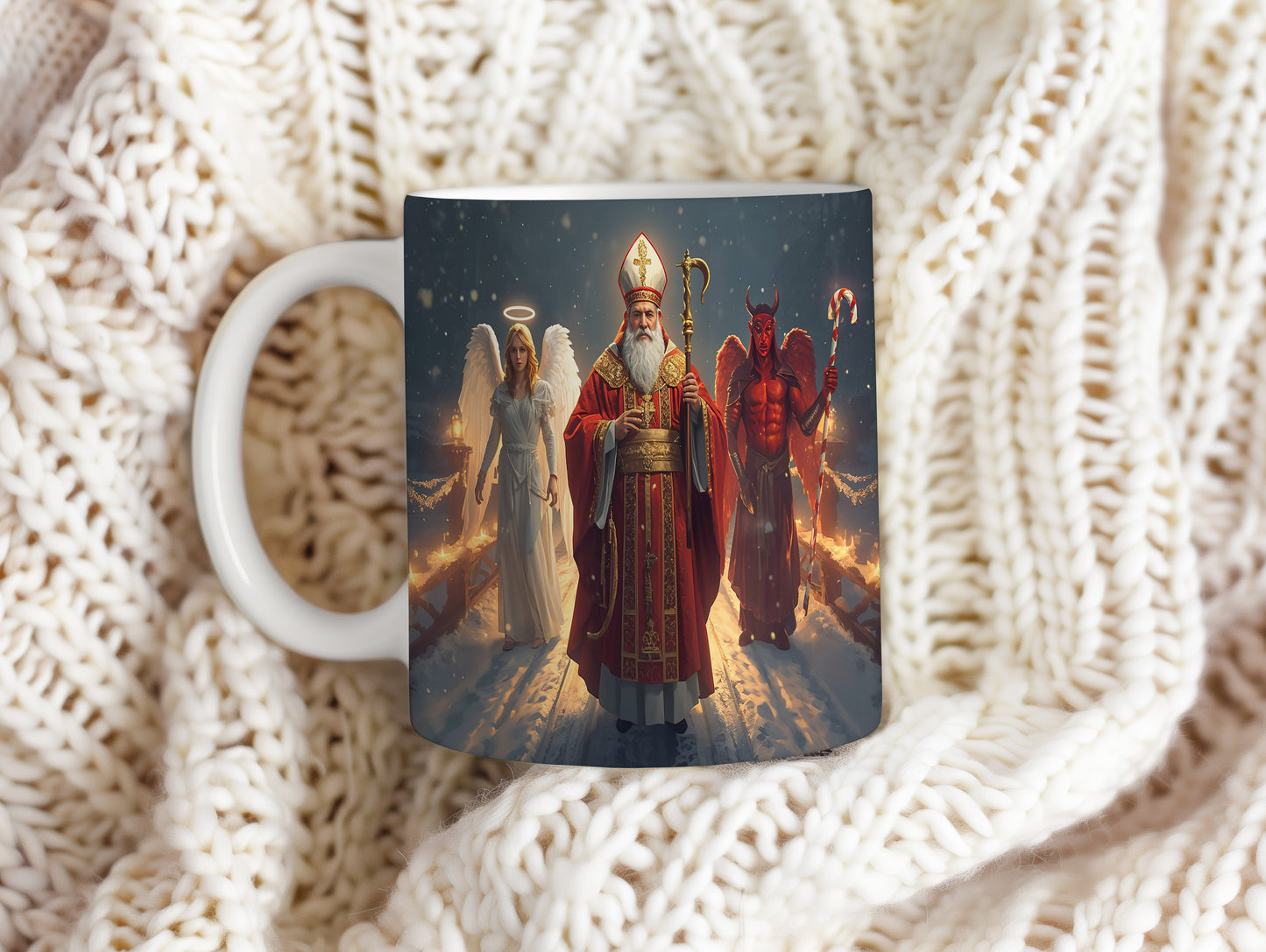 Hrnek s motivem Mikuláše, čerta a anděla – zimní hvězdná cesta