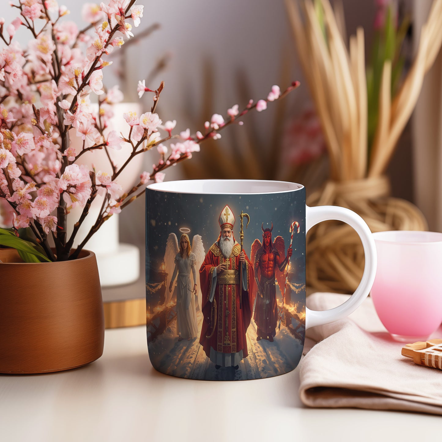 Hrnek s motivem Mikuláše, čerta a anděla – zimní hvězdná cesta