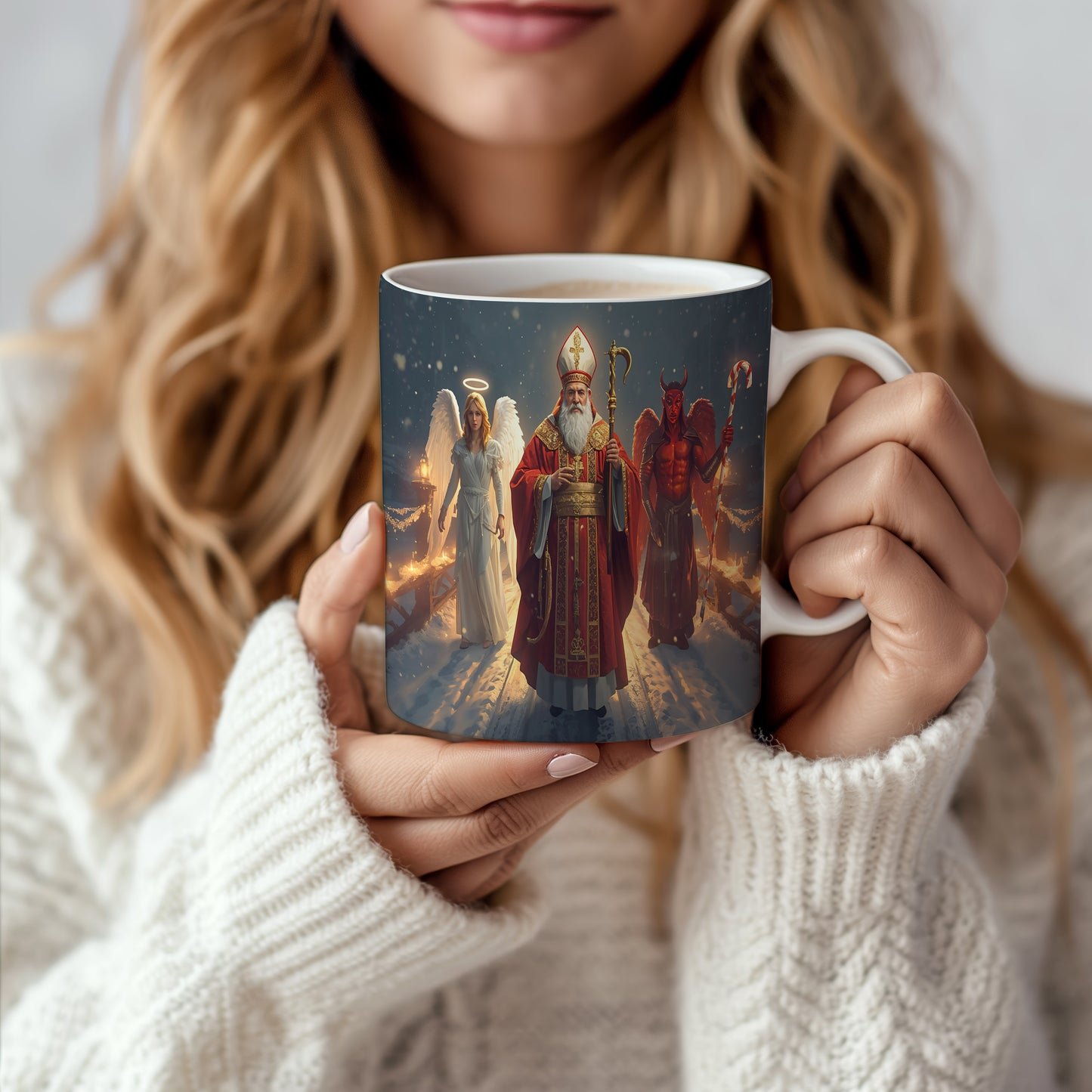 Hrnek s motivem Mikuláše, čerta a anděla – zimní hvězdná cesta