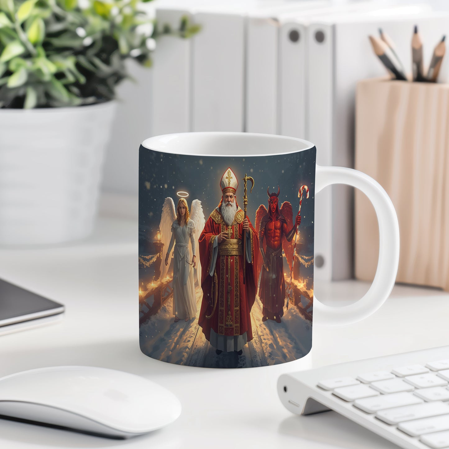 Hrnek s motivem Mikuláše, čerta a anděla – zimní hvězdná cesta