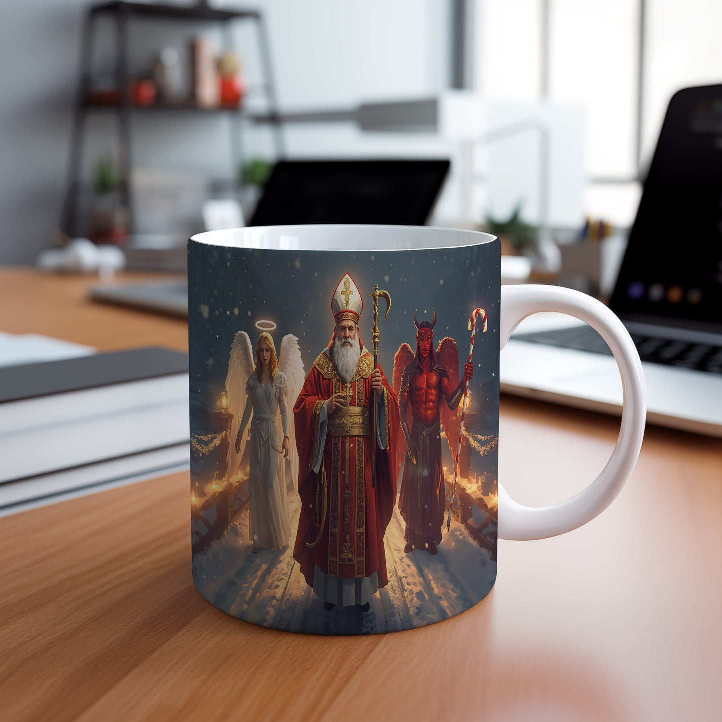 Hrnek s motivem Mikuláše, čerta a anděla – zimní hvězdná cesta