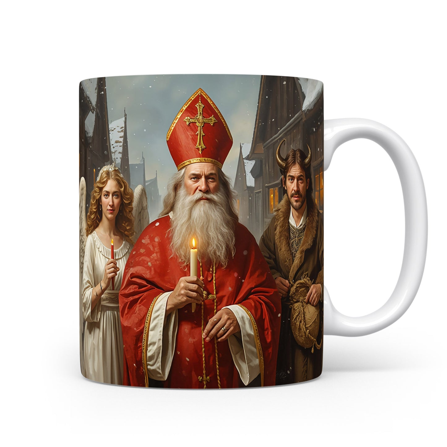 Mikuláš, čert a anděl v zimní ulici