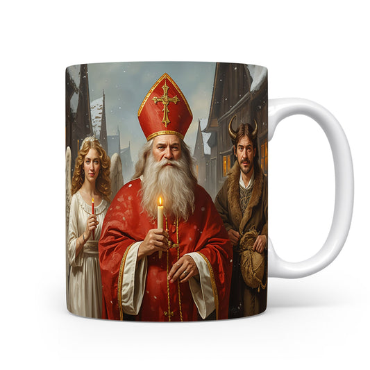 Mikuláš, čert a anděl v zimní ulici