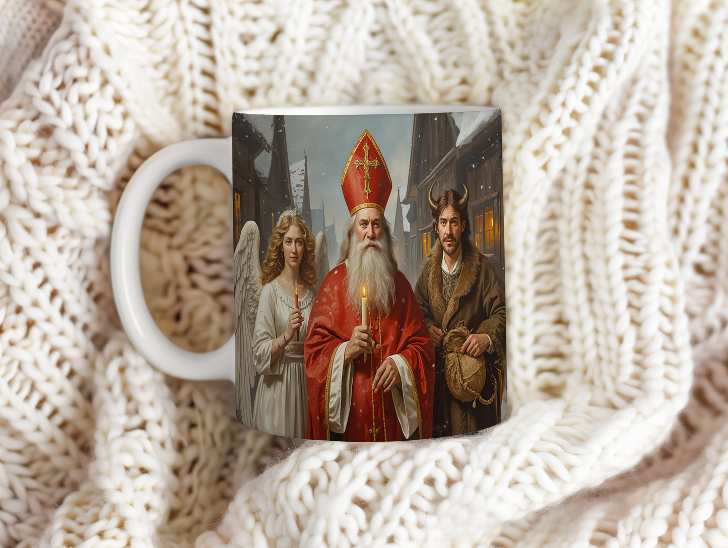 Hrnek s motivem Mikuláše, čerta a anděla – zimní kouzelná ulice