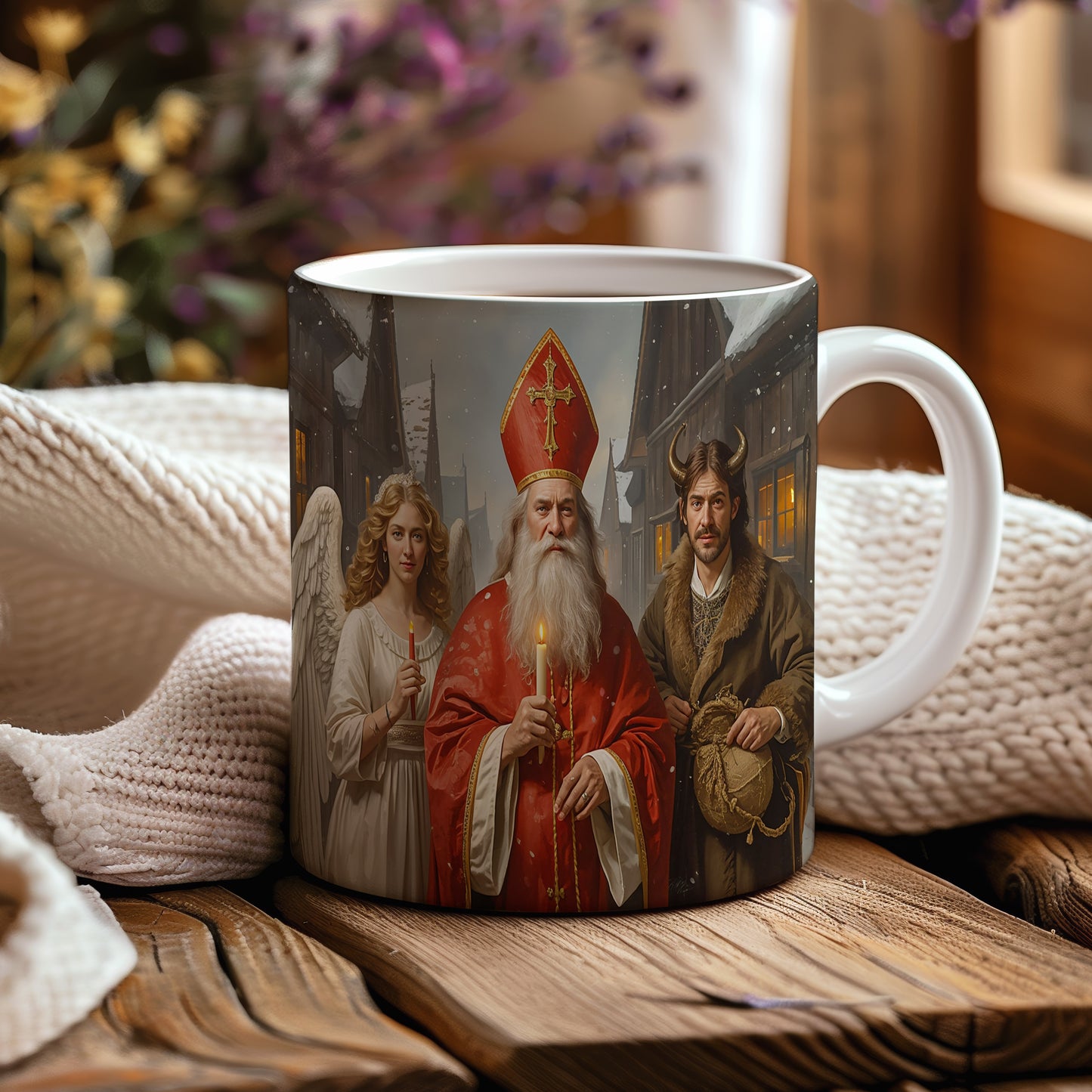 Hrnek s motivem Mikuláše, čerta a anděla – zimní kouzelná ulice