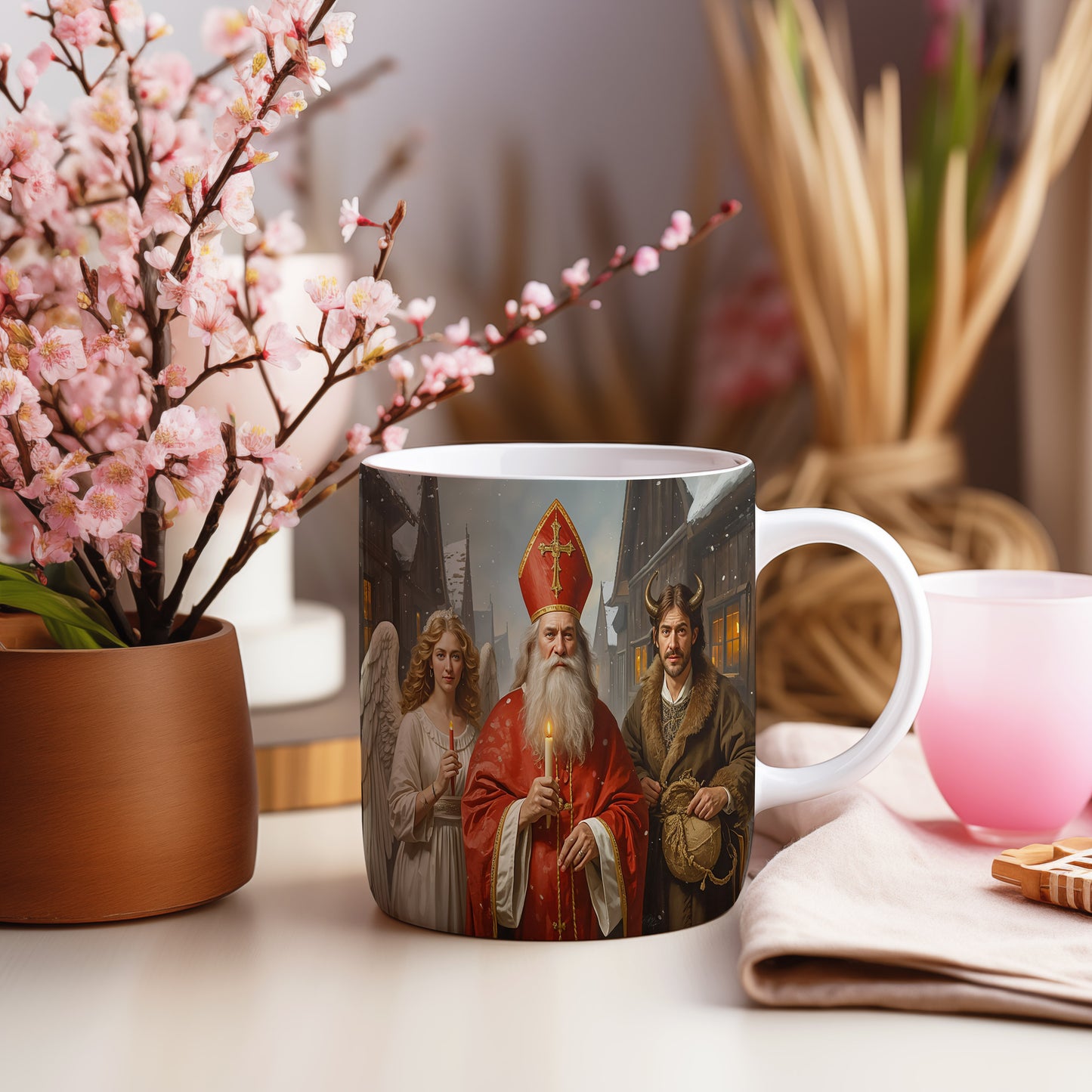 Hrnek s motivem Mikuláše, čerta a anděla – zimní kouzelná ulice