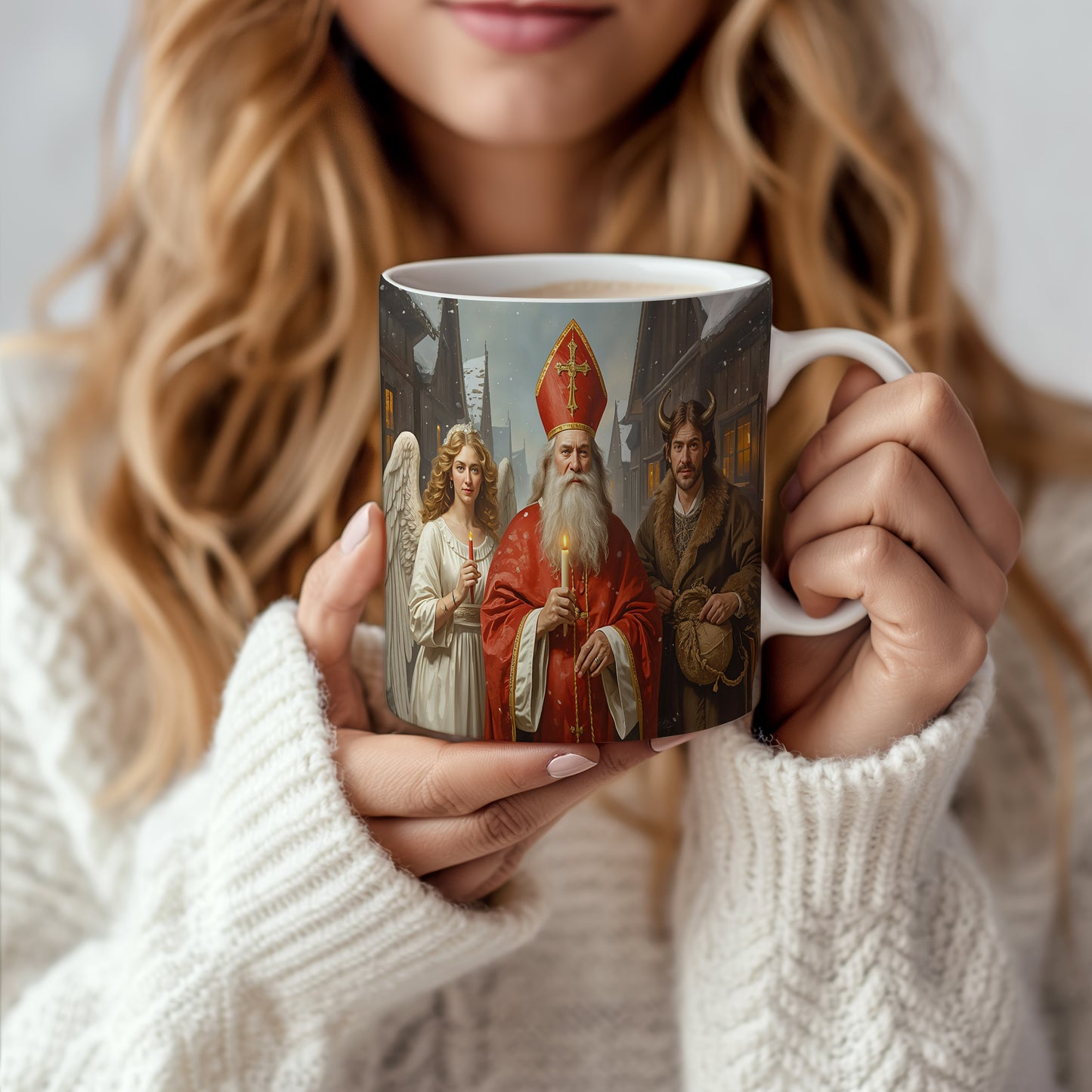 Hrnek s motivem Mikuláše, čerta a anděla – zimní kouzelná ulice