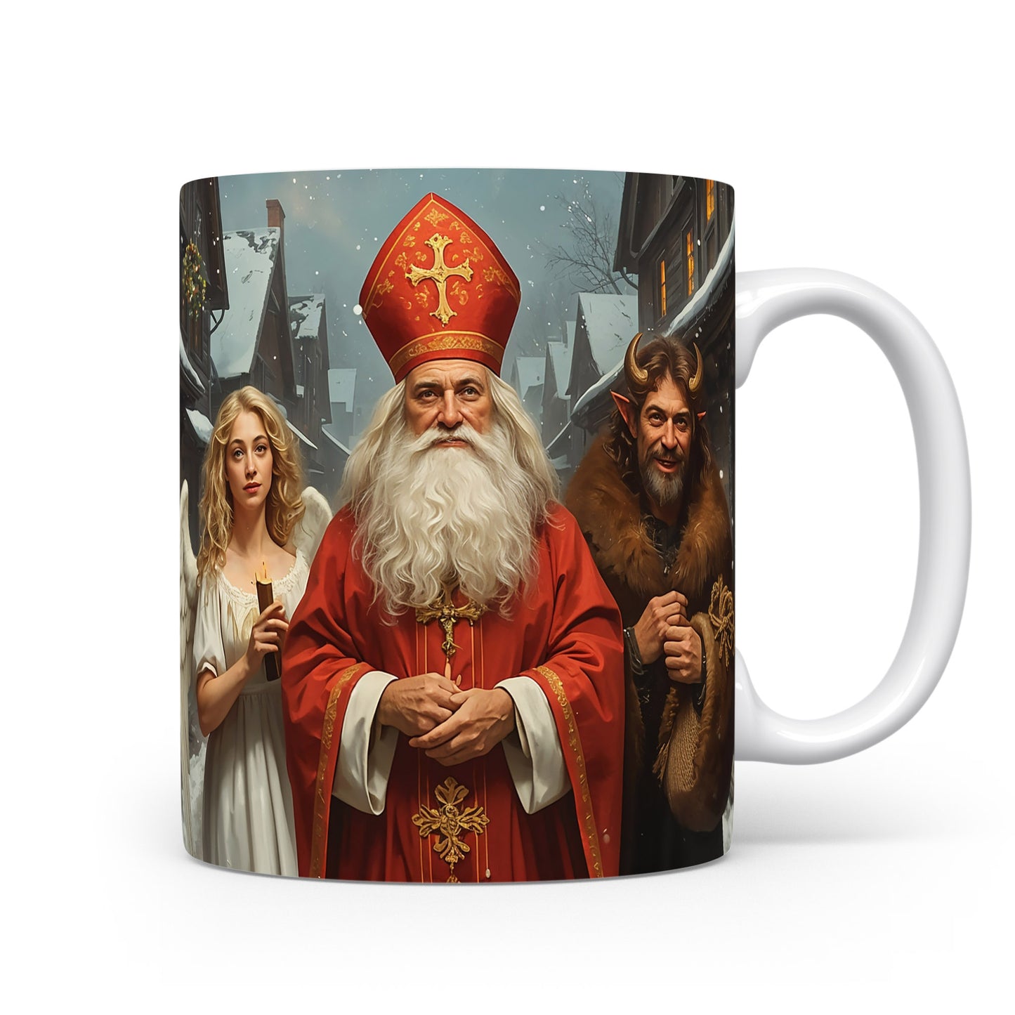 Mikuláš, čert a anděl na zimní ulici