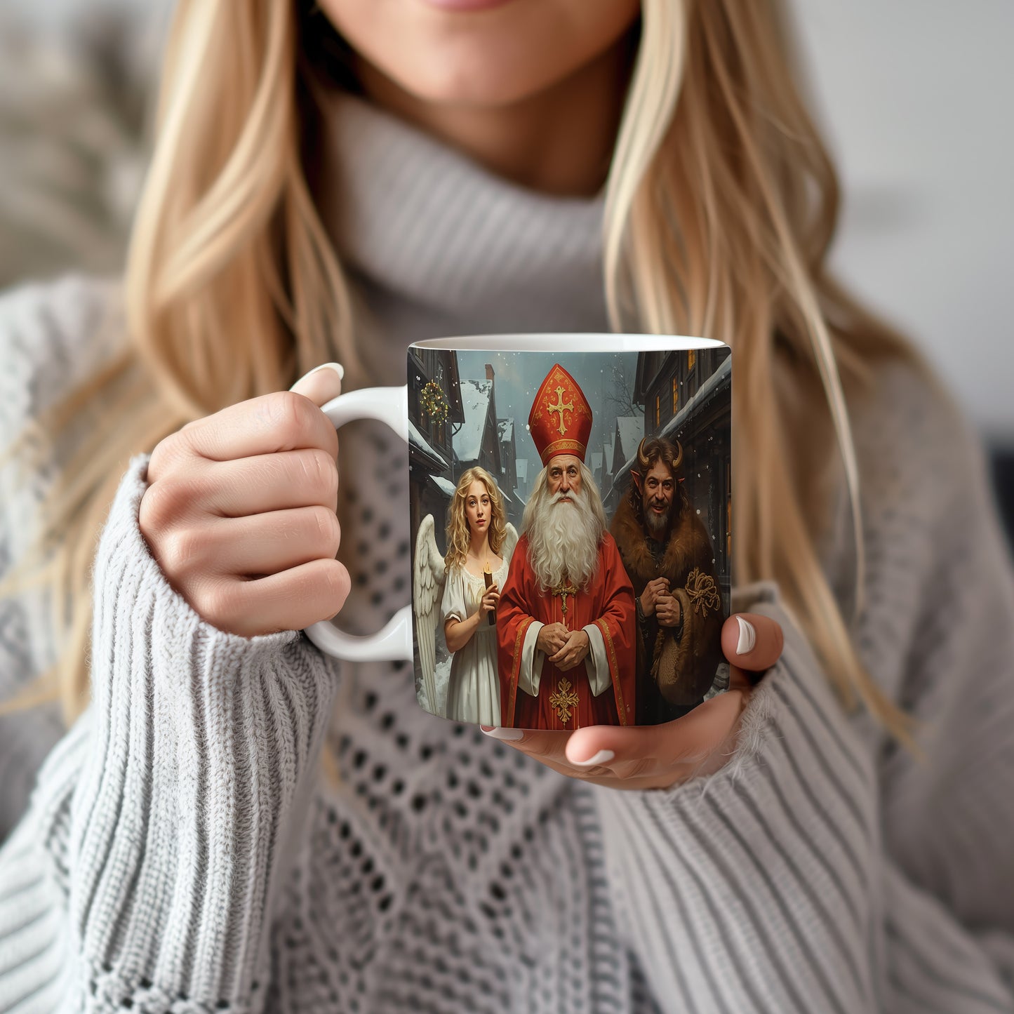 Hrnek s motivem Mikuláše, čerta a anděla – zimní zasněžená ulice