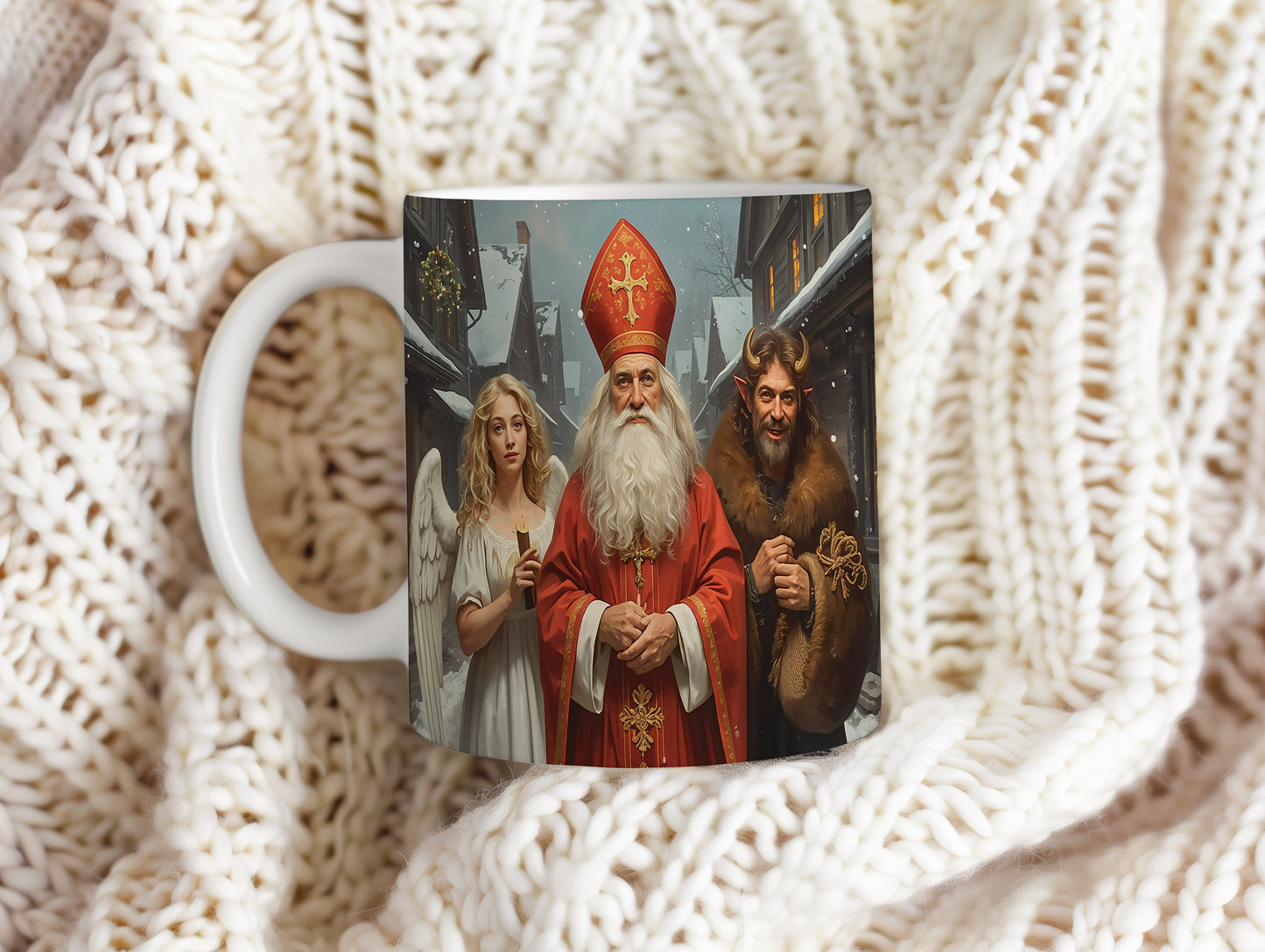 Hrnek s motivem Mikuláše, čerta a anděla – zimní zasněžená ulice