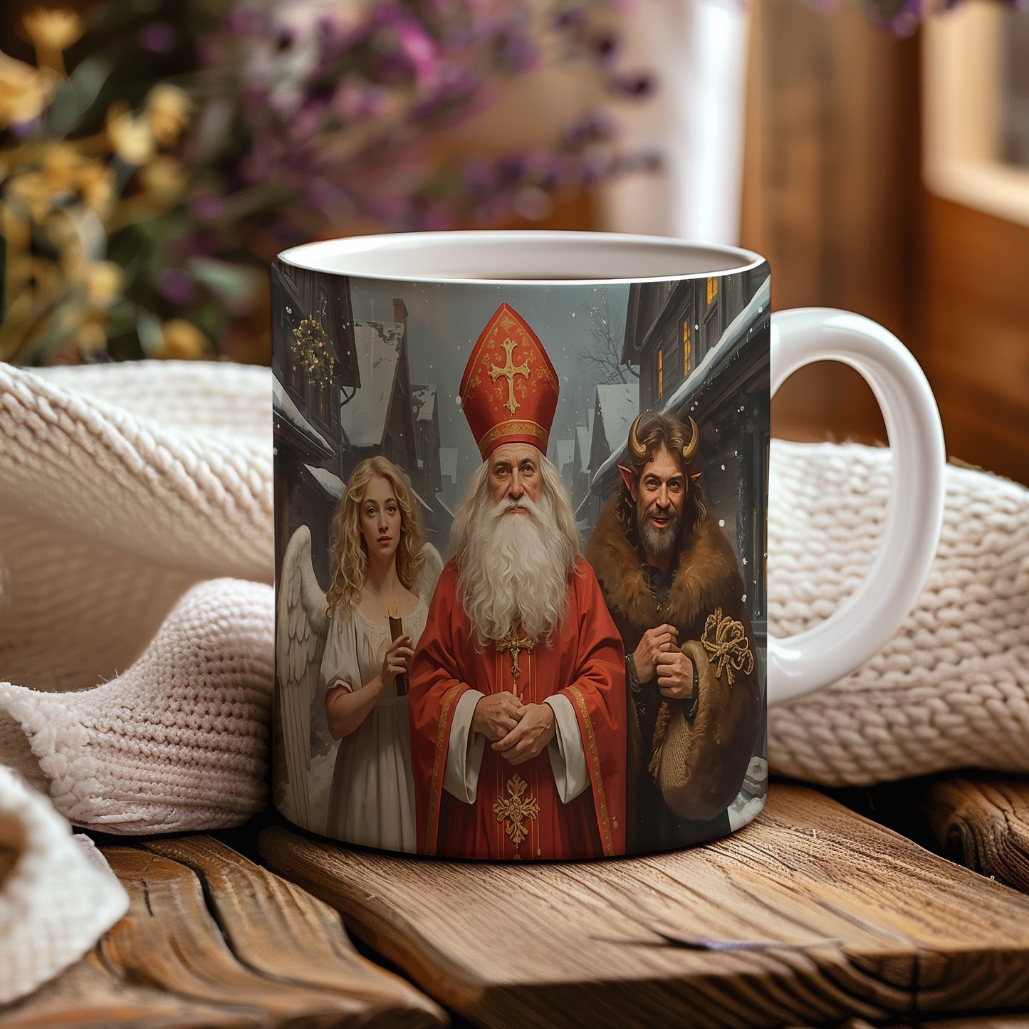 Hrnek s motivem Mikuláše, čerta a anděla – zimní zasněžená ulice