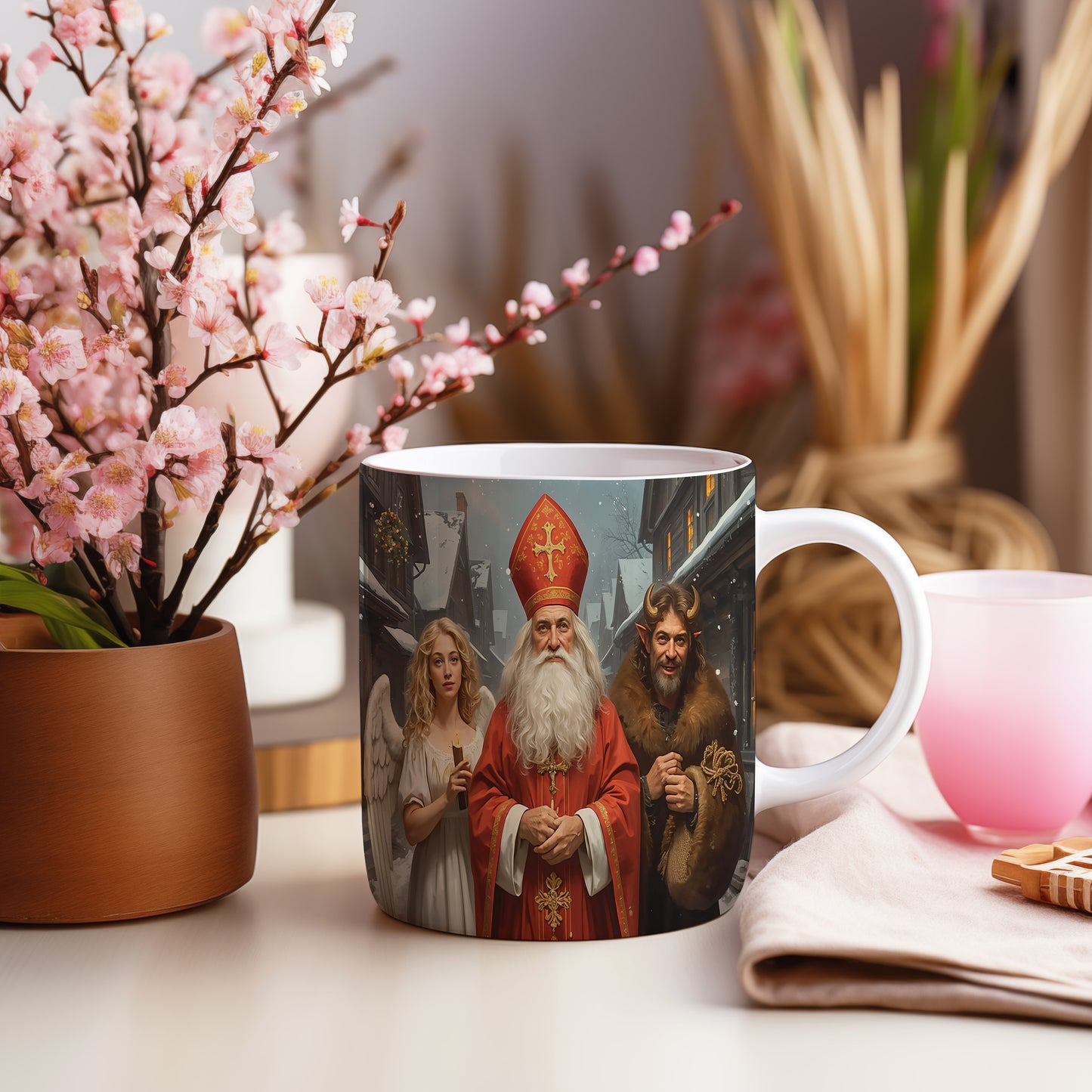 Hrnek s motivem Mikuláše, čerta a anděla – zimní zasněžená ulice