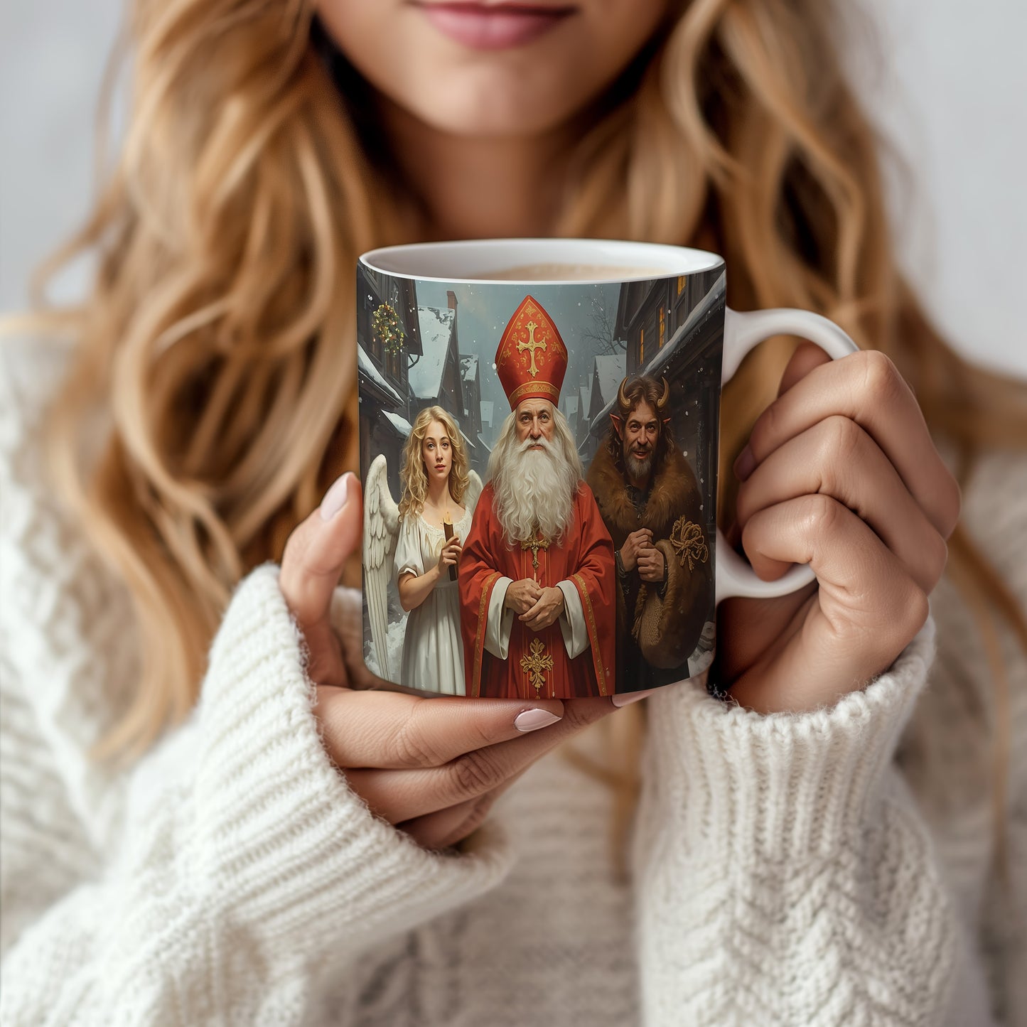 Hrnek s motivem Mikuláše, čerta a anděla – zimní zasněžená ulice