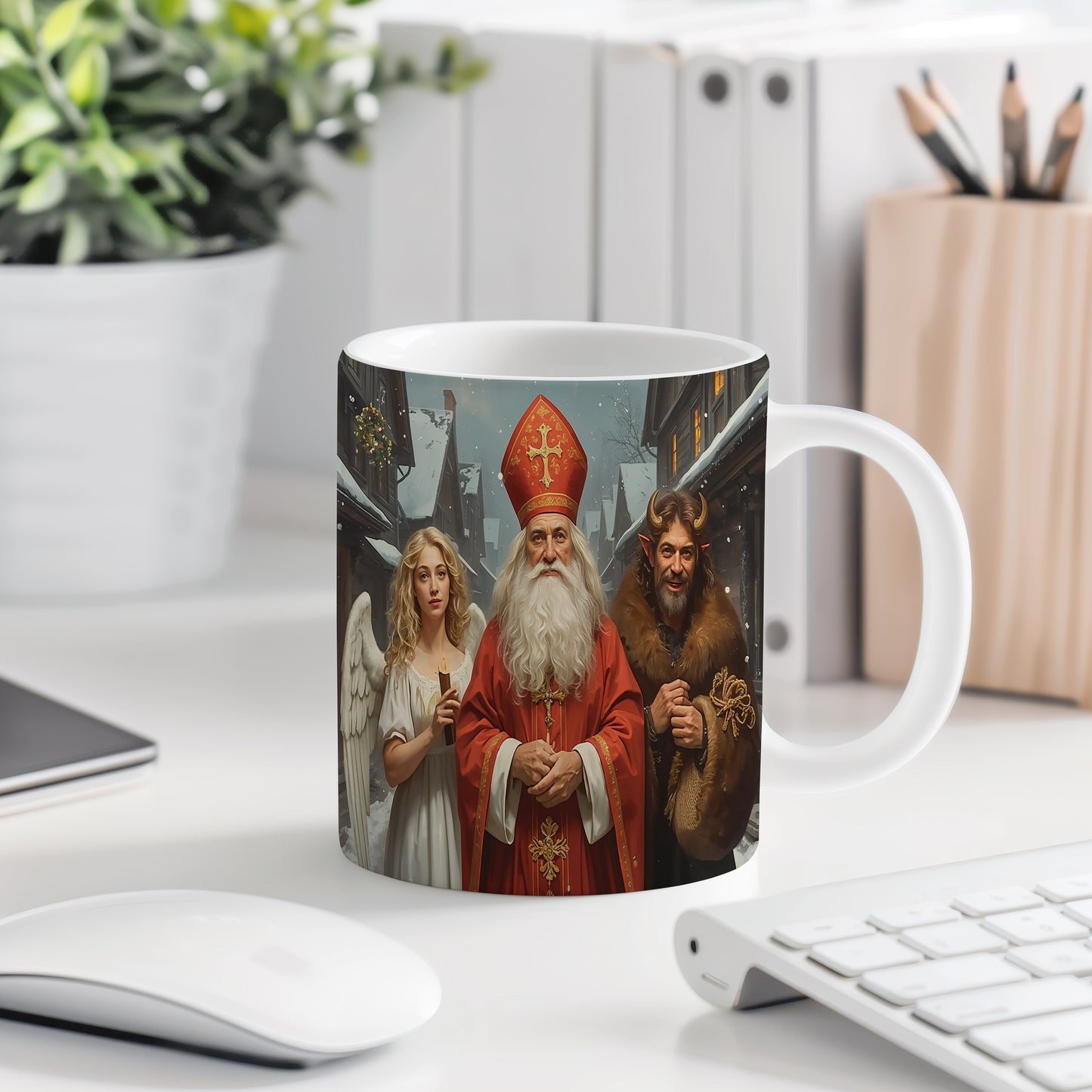 Hrnek s motivem Mikuláše, čerta a anděla – zimní zasněžená ulice