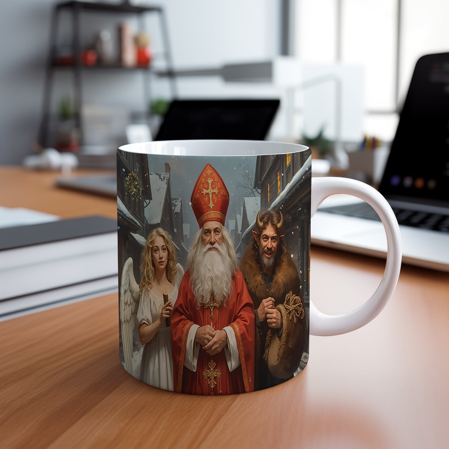 Hrnek s motivem Mikuláše, čerta a anděla – zimní zasněžená ulice