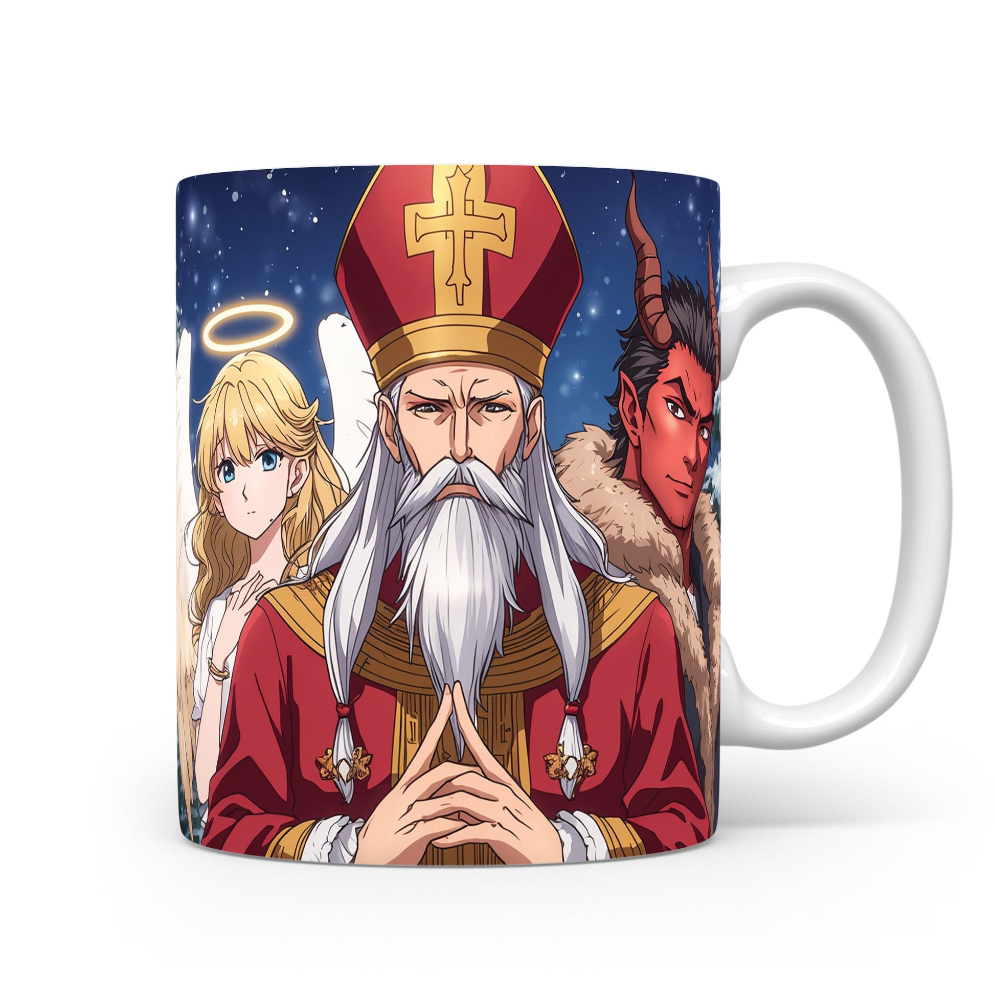 Mikuláš, čert a anděl pod zimní pohádkovou oblohou