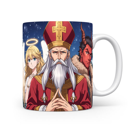 Mikuláš, čert a anděl pod zimní pohádkovou oblohou