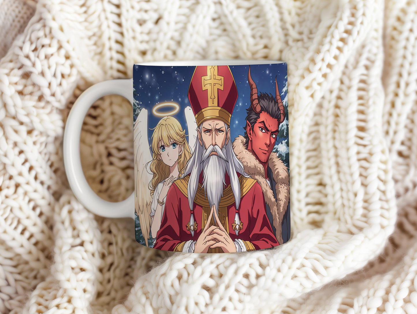 Hrnek s motivem Mikuláše, čerta a anděla – zimní pohádková obloha