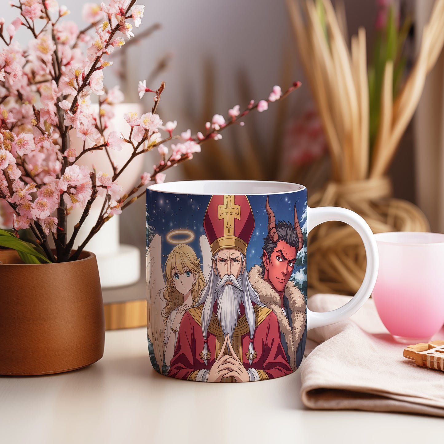 Hrnek s motivem Mikuláše, čerta a anděla – zimní pohádková obloha