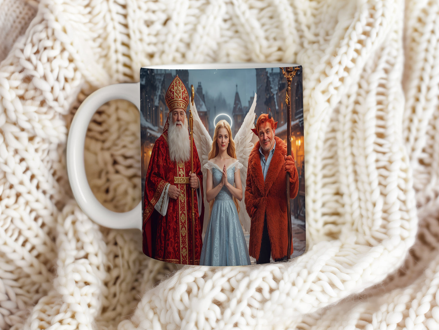 Hrnek s motivem Mikuláše, čerta a anděla – zimní kouzelný večer