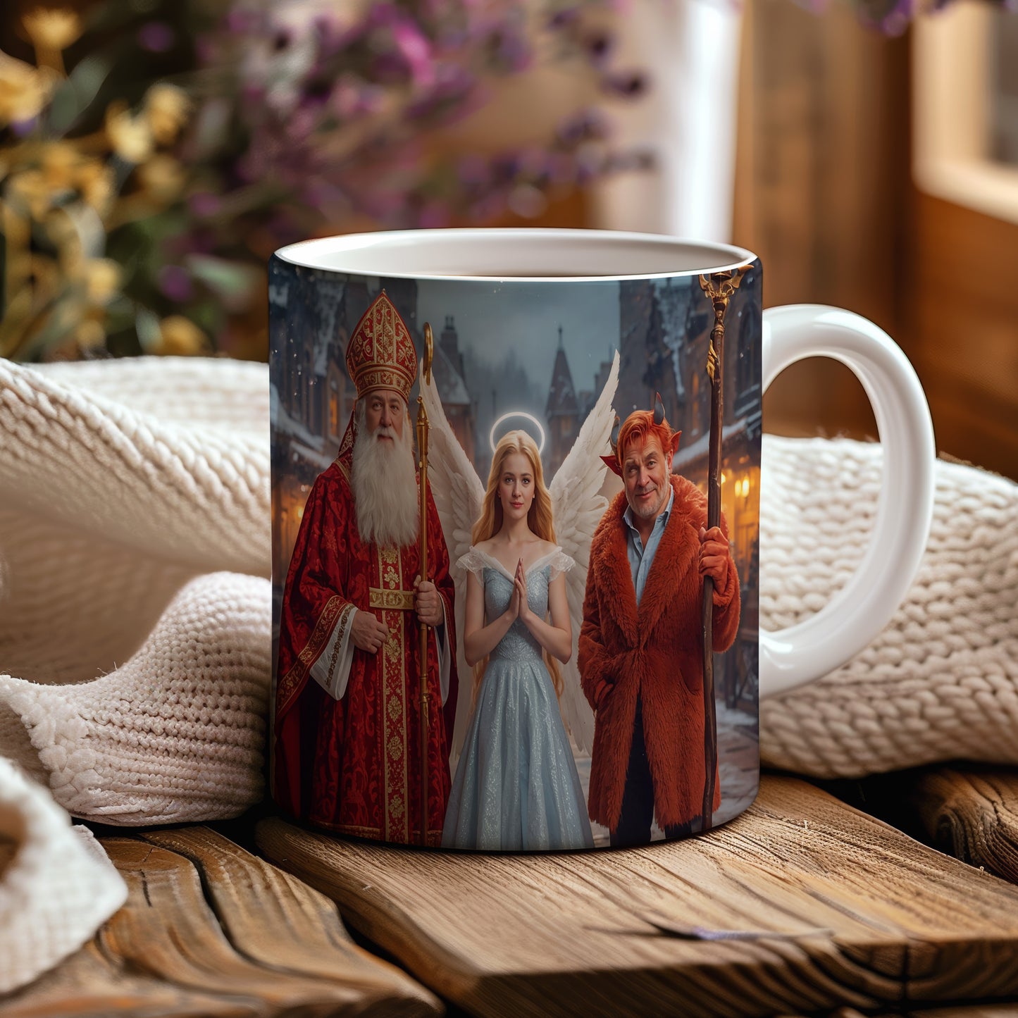 Hrnek s motivem Mikuláše, čerta a anděla – zimní kouzelný večer