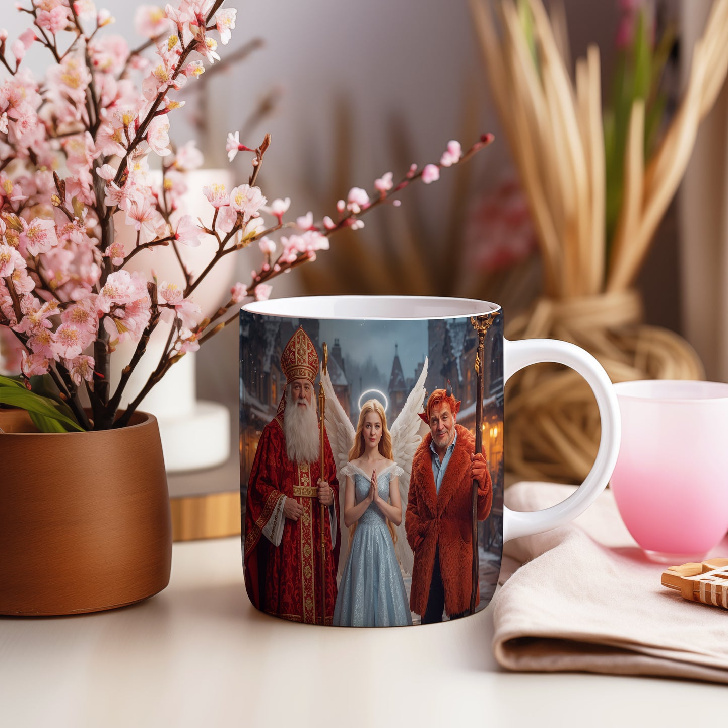 Hrnek s motivem Mikuláše, čerta a anděla – zimní kouzelný večer