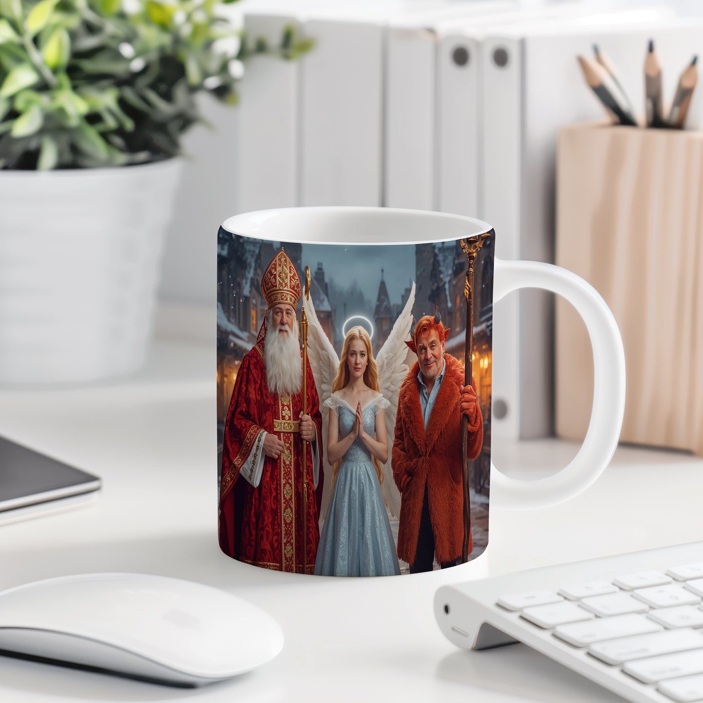 Hrnek s motivem Mikuláše, čerta a anděla – zimní kouzelný večer