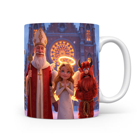 Mikuláš, čert a anděl před kostelem na hrnku