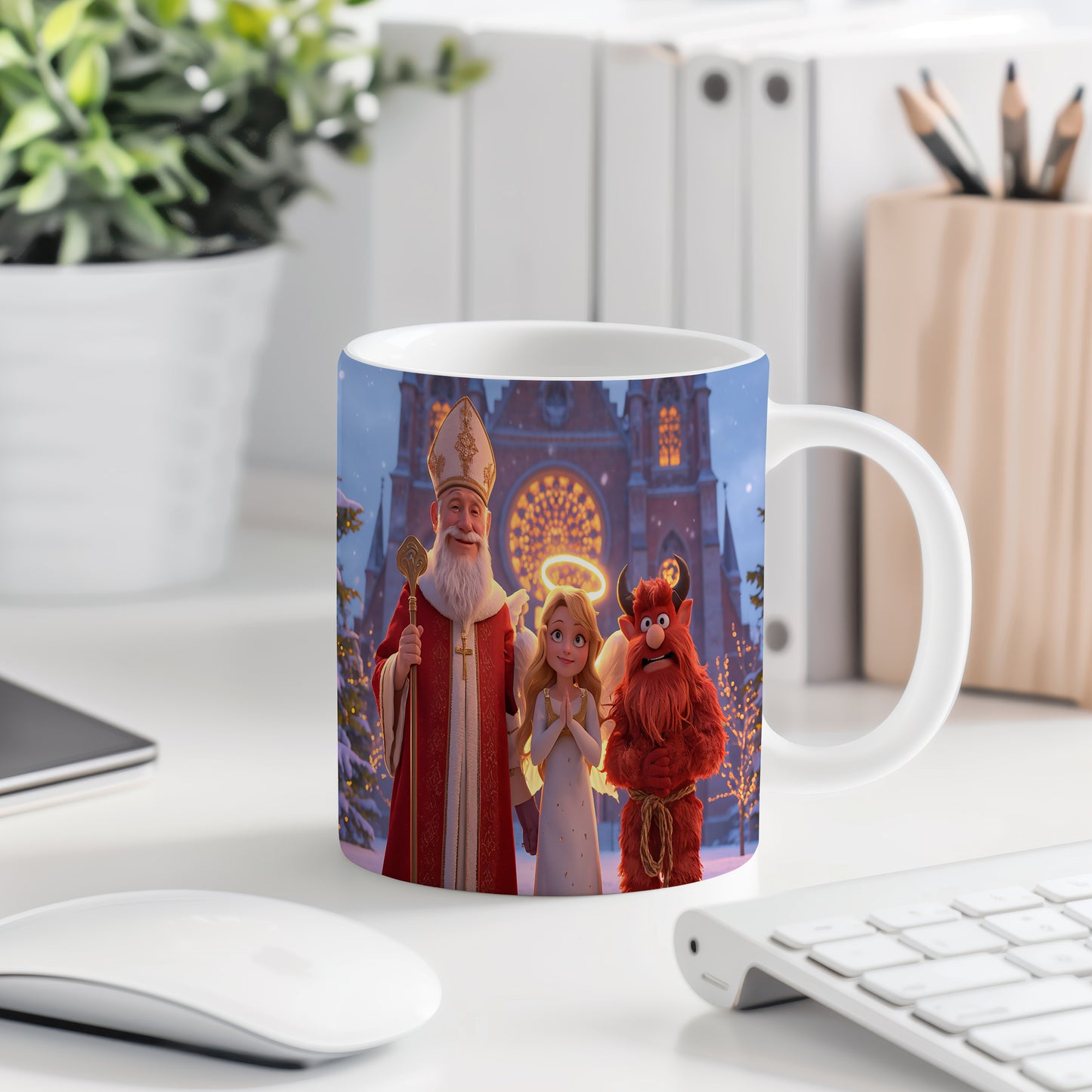 Hrnek s motivem Mikuláše, čerta a anděla – Kouzelná noc před kostelem