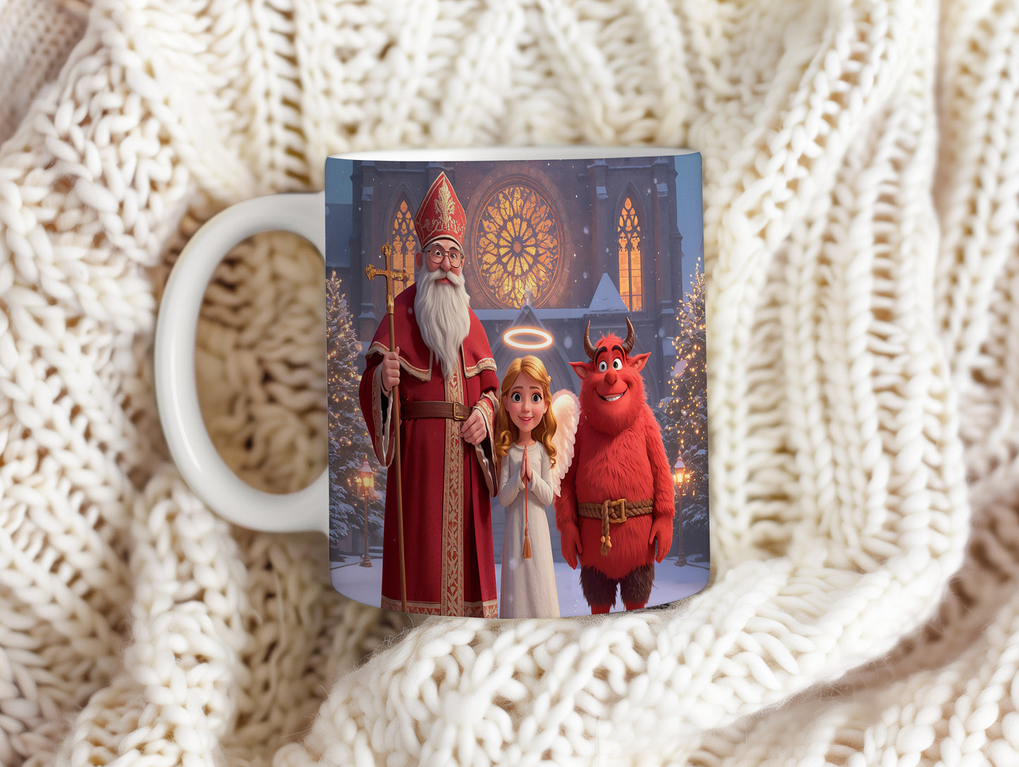 Hrnek s motivem Mikuláše, čerta a anděla – zimní pohádková katedrála