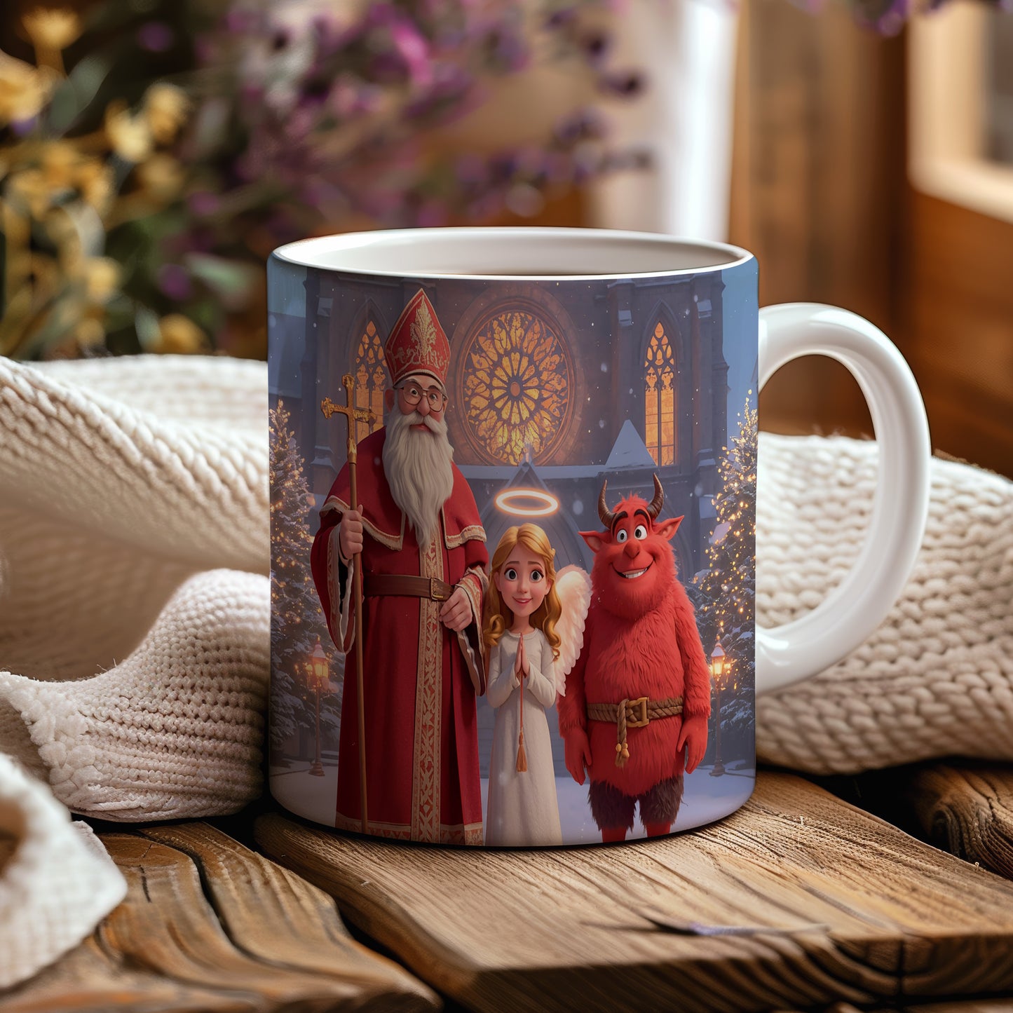 Hrnek s motivem Mikuláše, čerta a anděla – zimní pohádková katedrála