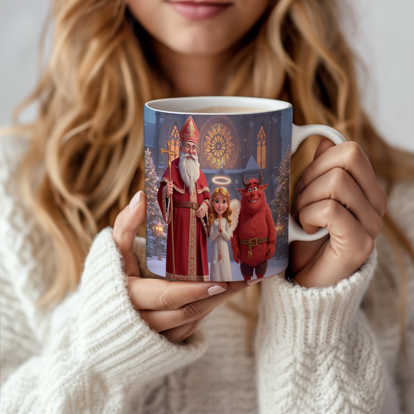 Hrnek s motivem Mikuláše, čerta a anděla – zimní pohádková katedrála