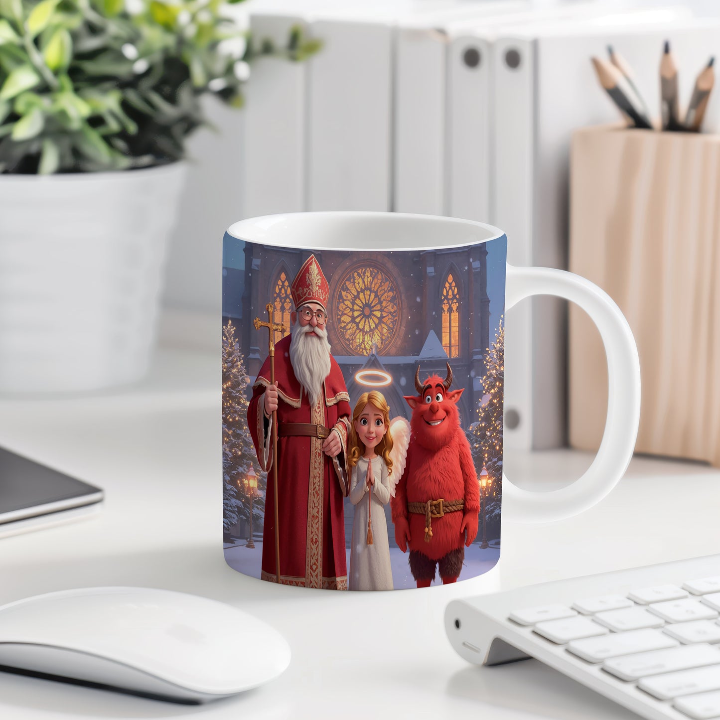 Hrnek s motivem Mikuláše, čerta a anděla – zimní pohádková katedrála