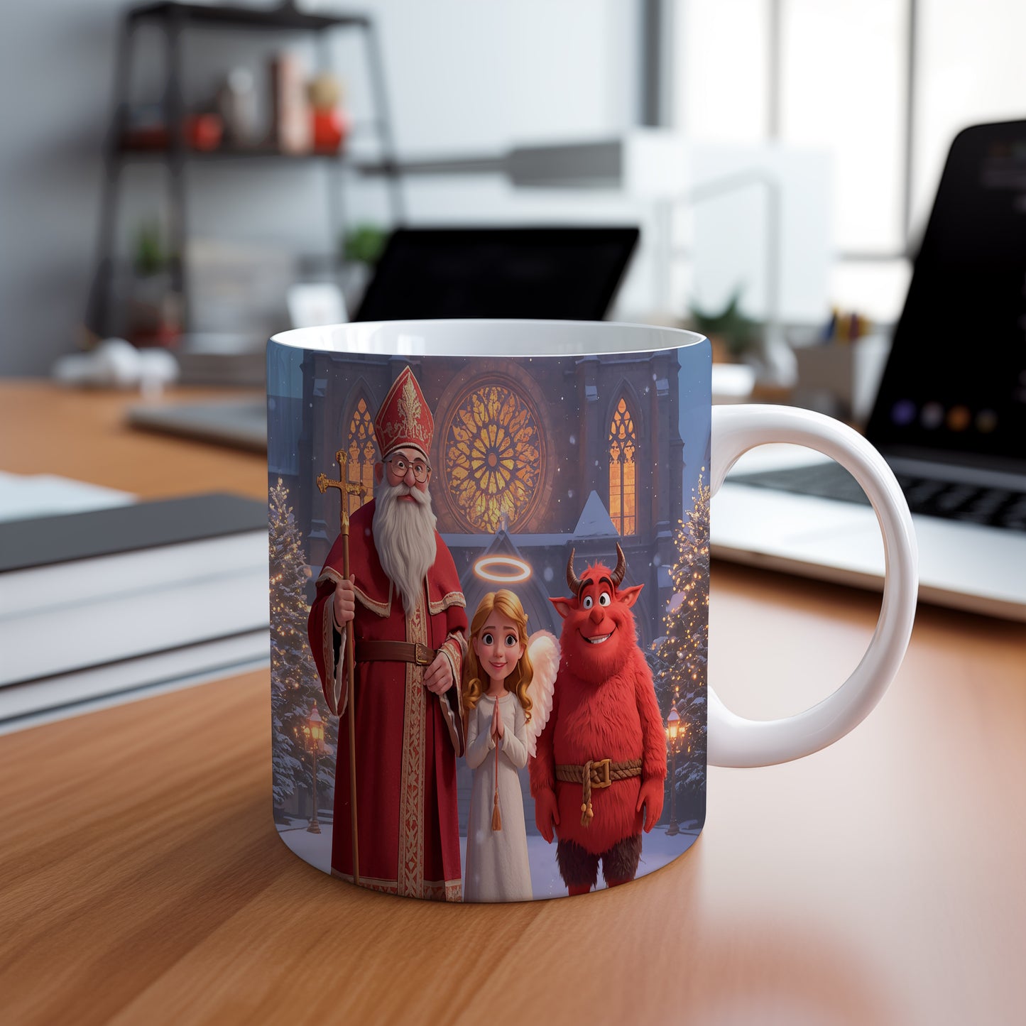 Hrnek s motivem Mikuláše, čerta a anděla – zimní pohádková katedrála