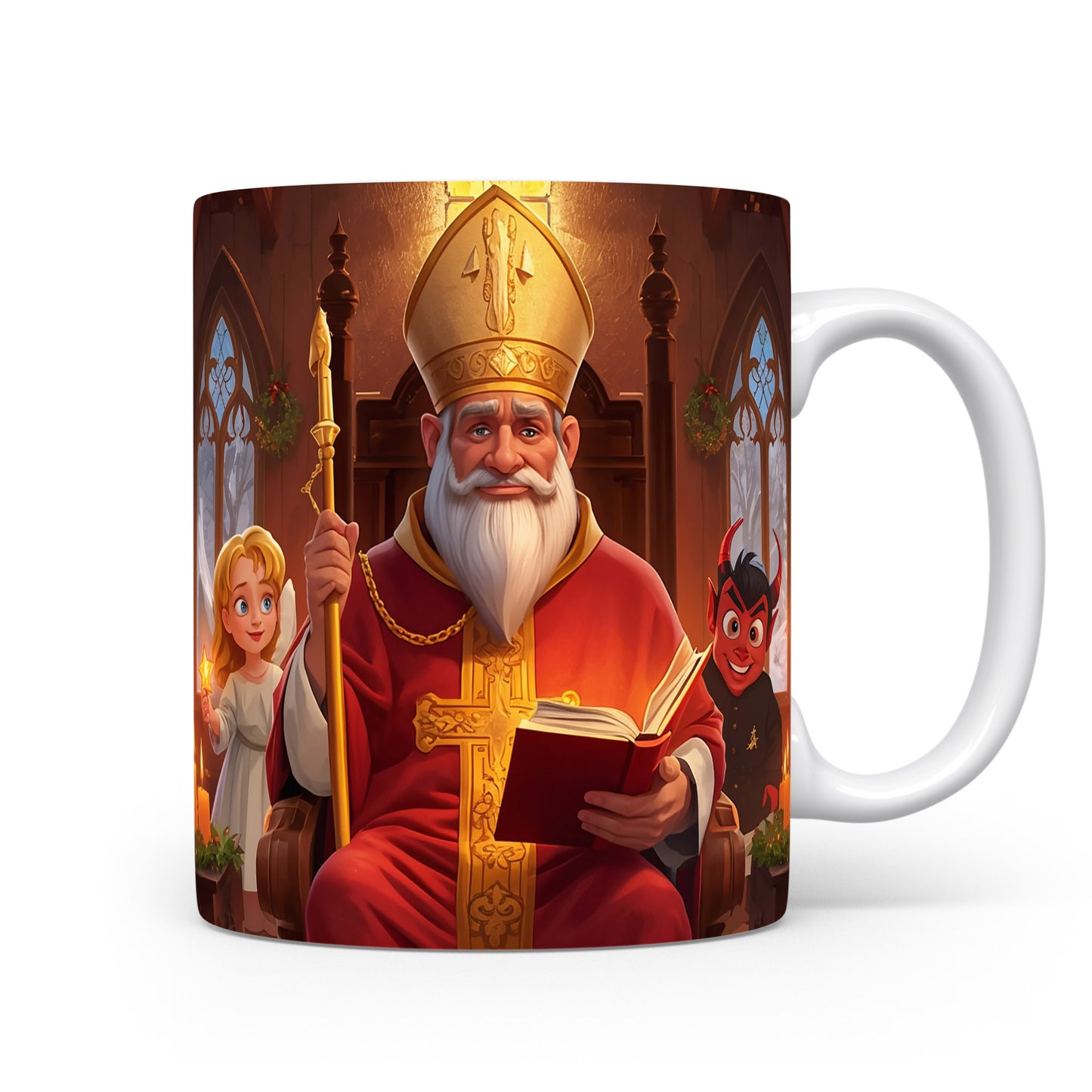 Mikuláš, čert a anděl v zimním svátečním chrámu