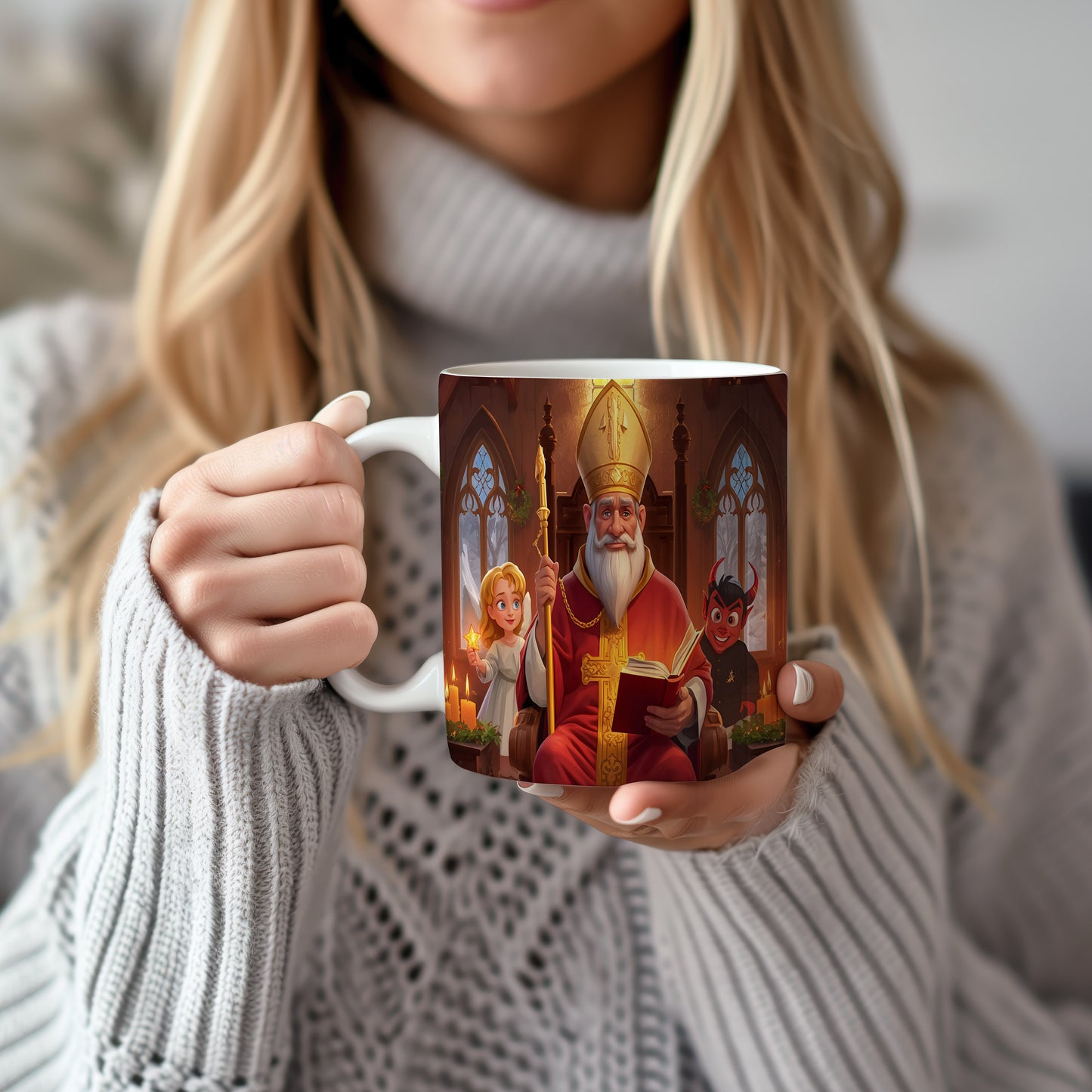 Hrnek s motivem Mikuláše, čerta a anděla – zimní sváteční chrám