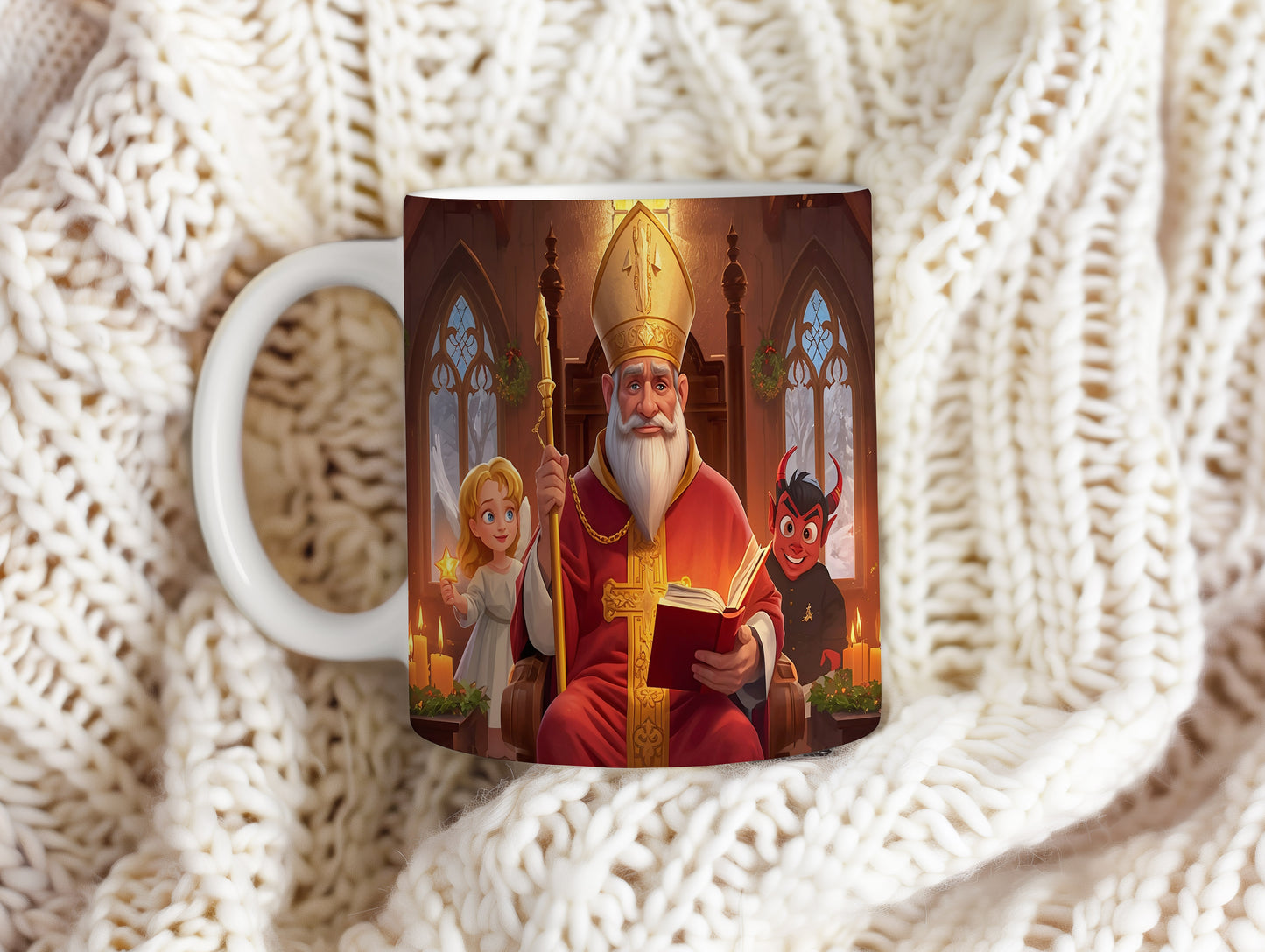 Hrnek s motivem Mikuláše, čerta a anděla – zimní sváteční chrám