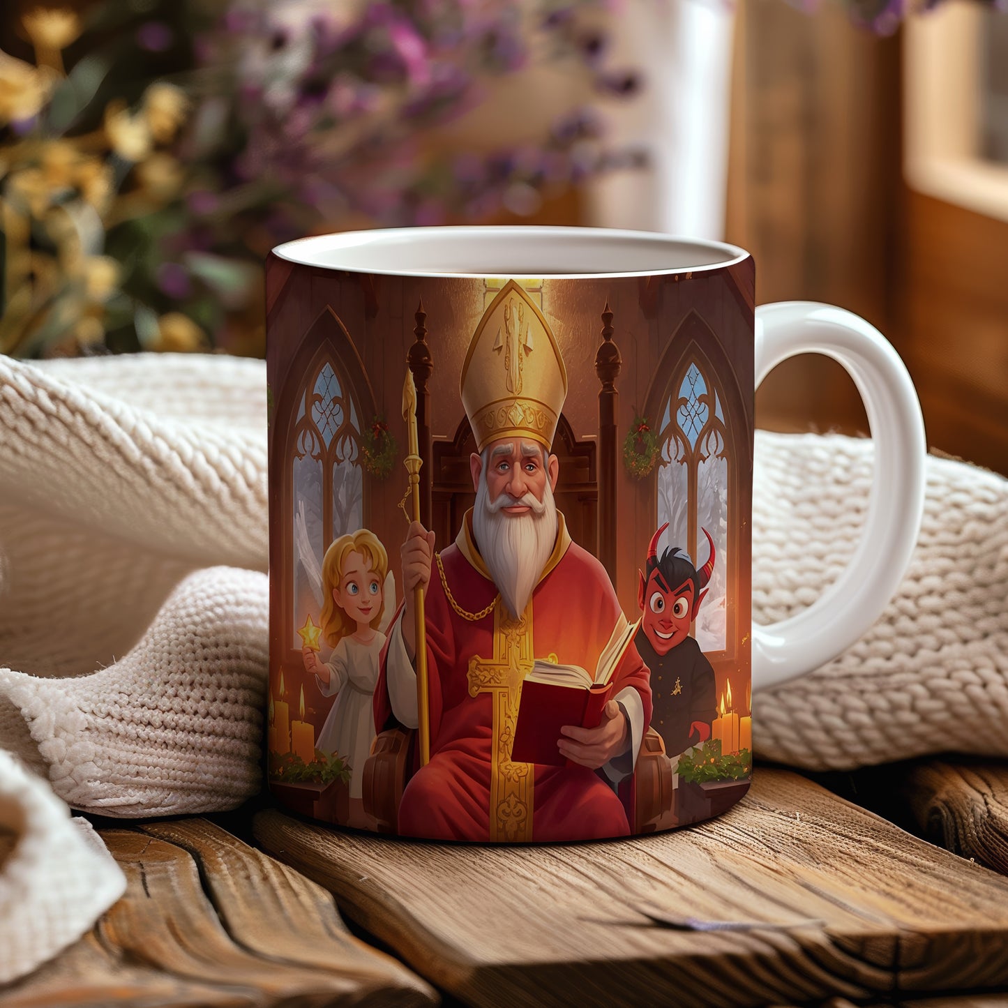 Hrnek s motivem Mikuláše, čerta a anděla – zimní sváteční chrám