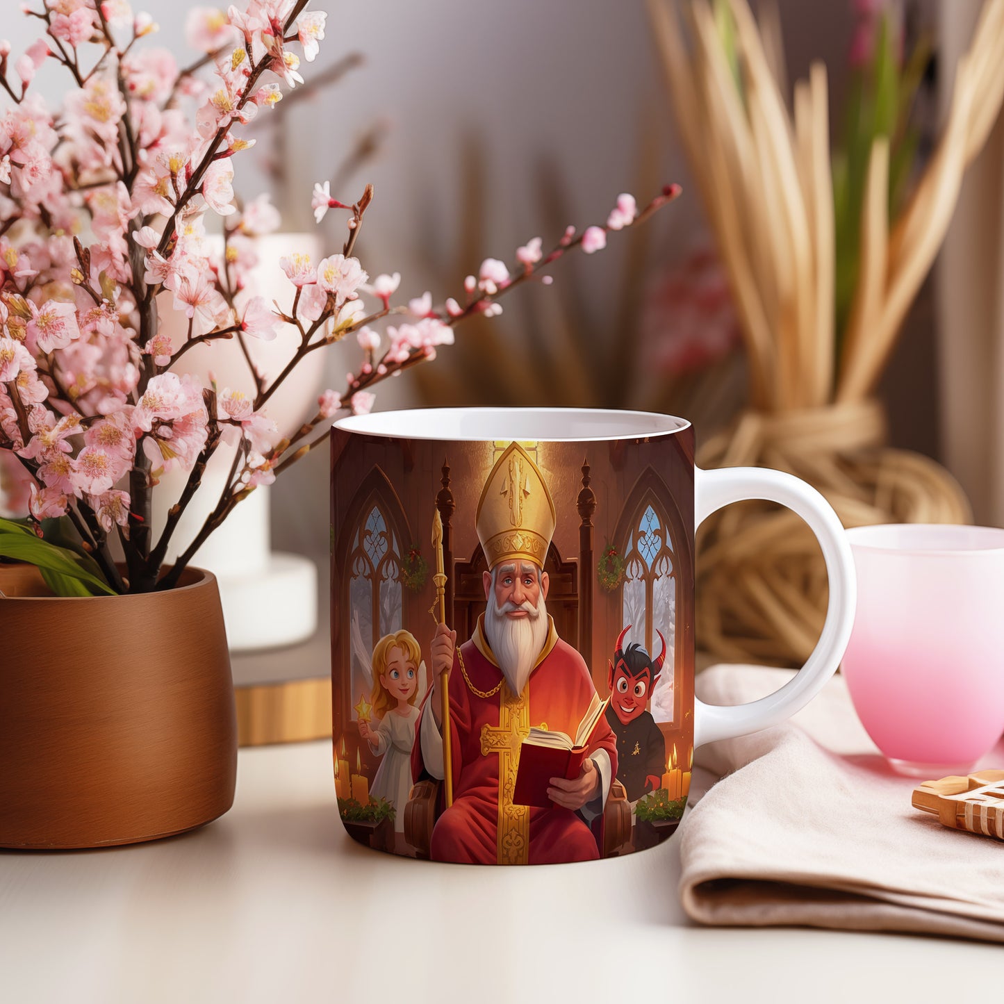 Hrnek s motivem Mikuláše, čerta a anděla – zimní sváteční chrám