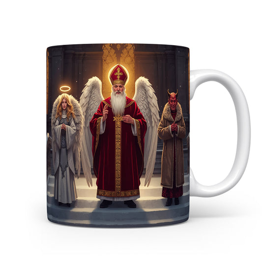 Mikuláš, čert a anděl na svátečních schodech