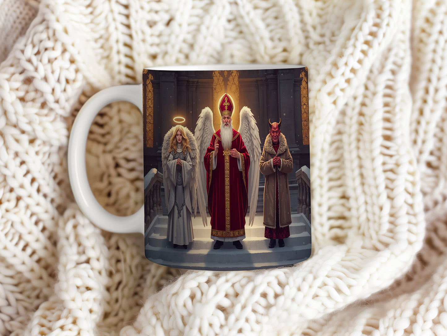 Hrnek s motivem Mikuláše, čerta a anděla – zimní sváteční schody