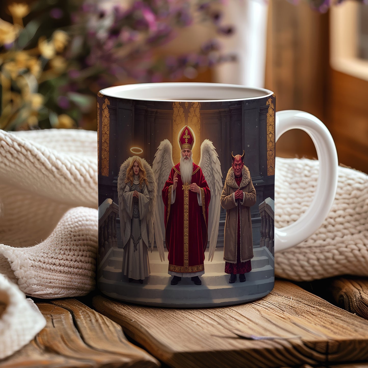 Hrnek s motivem Mikuláše, čerta a anděla – zimní sváteční schody