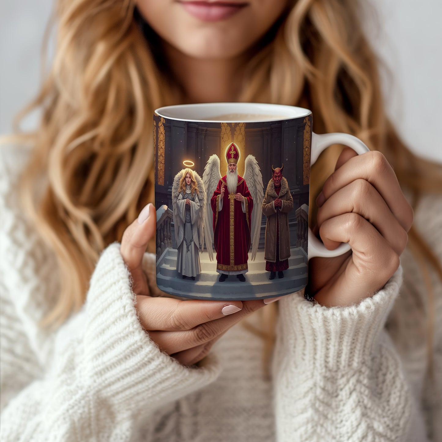 Hrnek s motivem Mikuláše, čerta a anděla – zimní sváteční schody