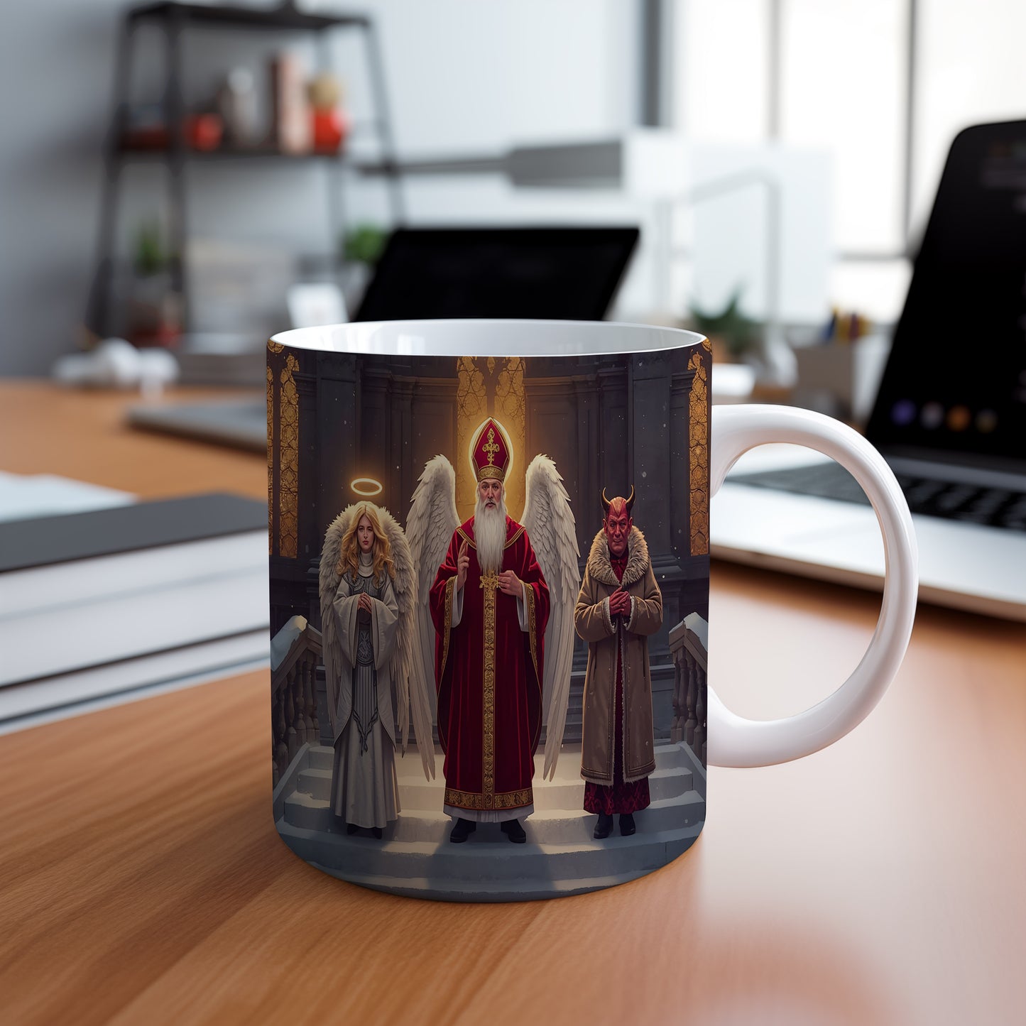 Hrnek s motivem Mikuláše, čerta a anděla – zimní sváteční schody